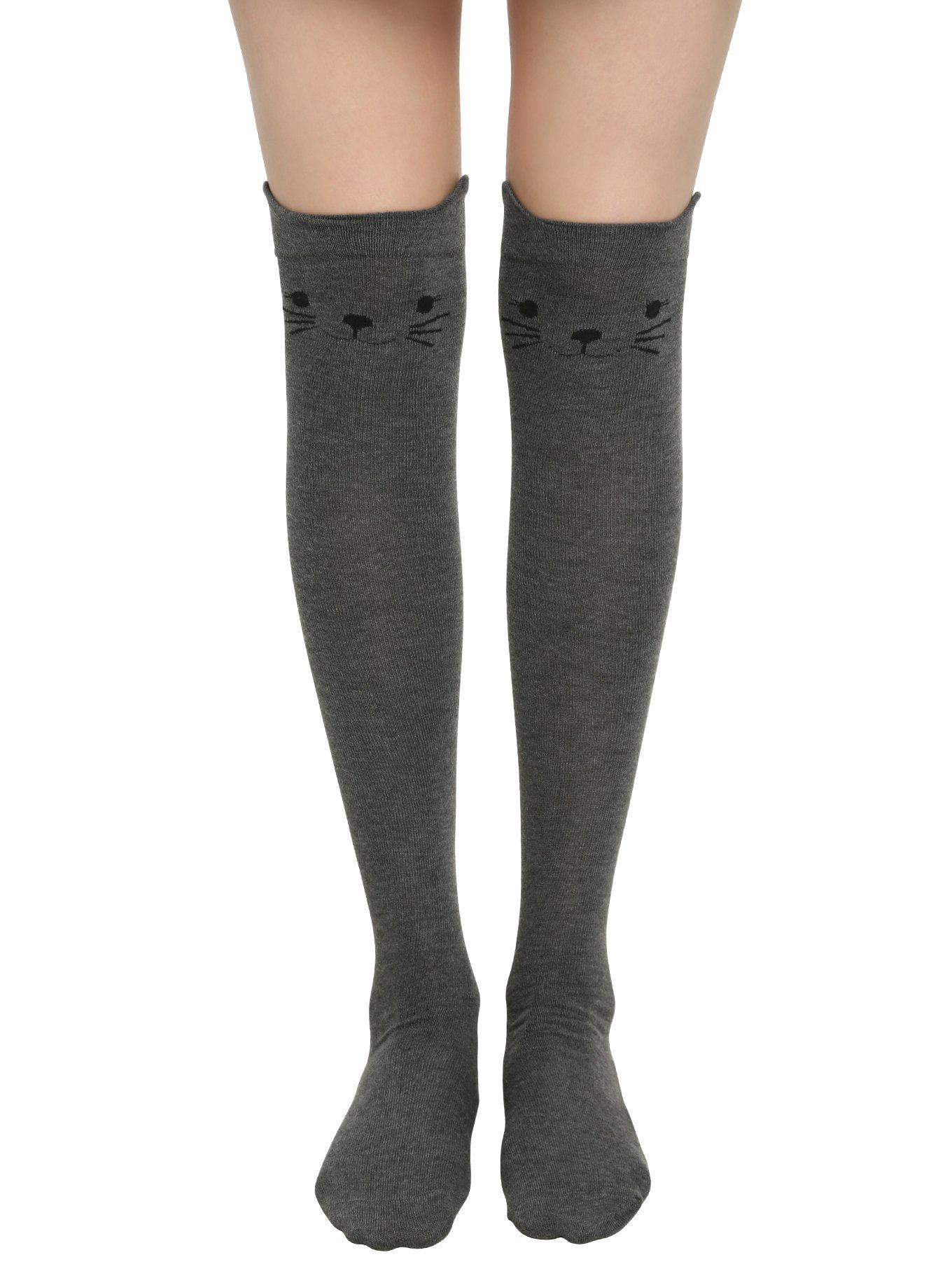 Blackheart Grey Kitty Over-The-Knee Socks, , hi-res