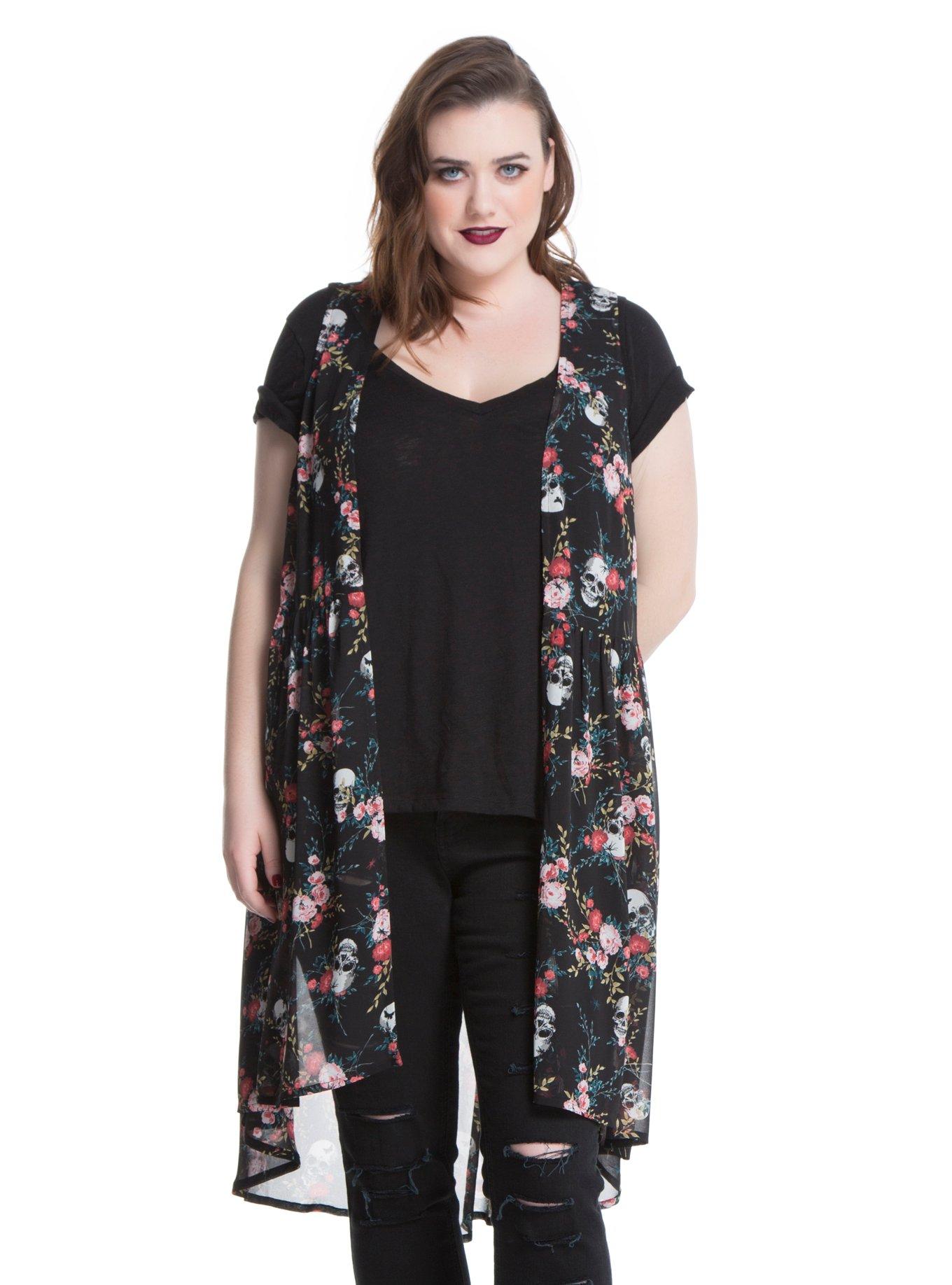 Black Floral Skull Chiffon Duster Plus Size | Hot Topic