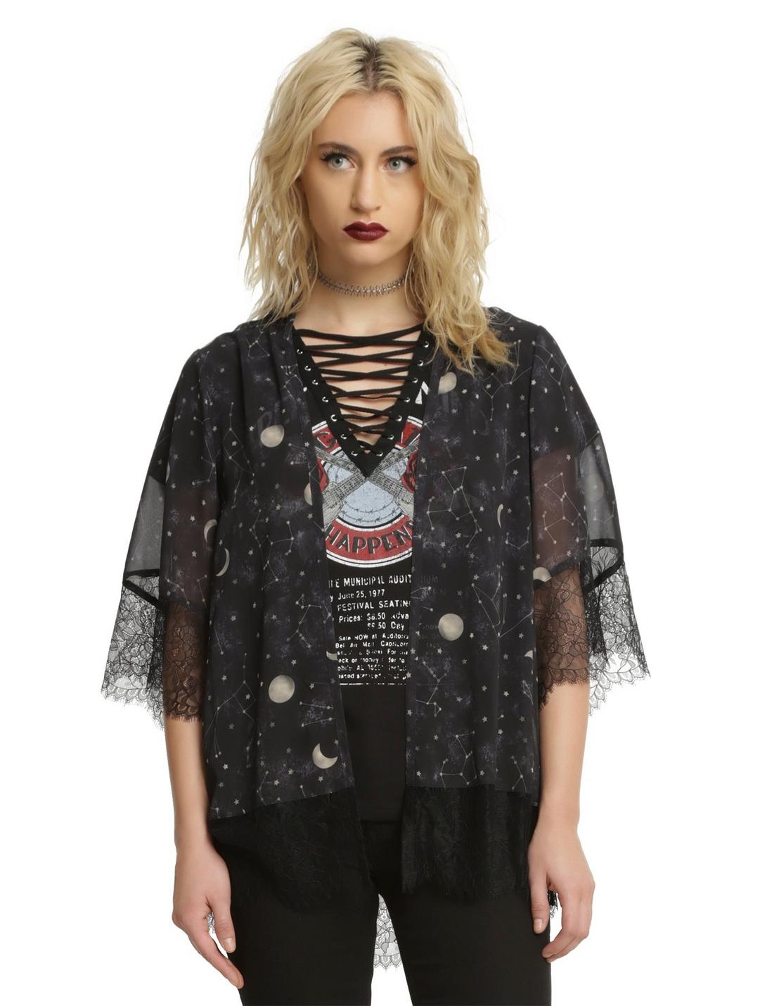 Black Lace Trim Constellation Print Kimono, BLACK, hi-res