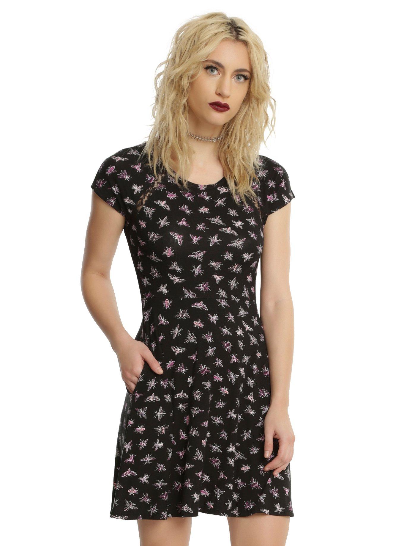 Bug Print Lace Back Fit & Flare Dress, BLACK, hi-res