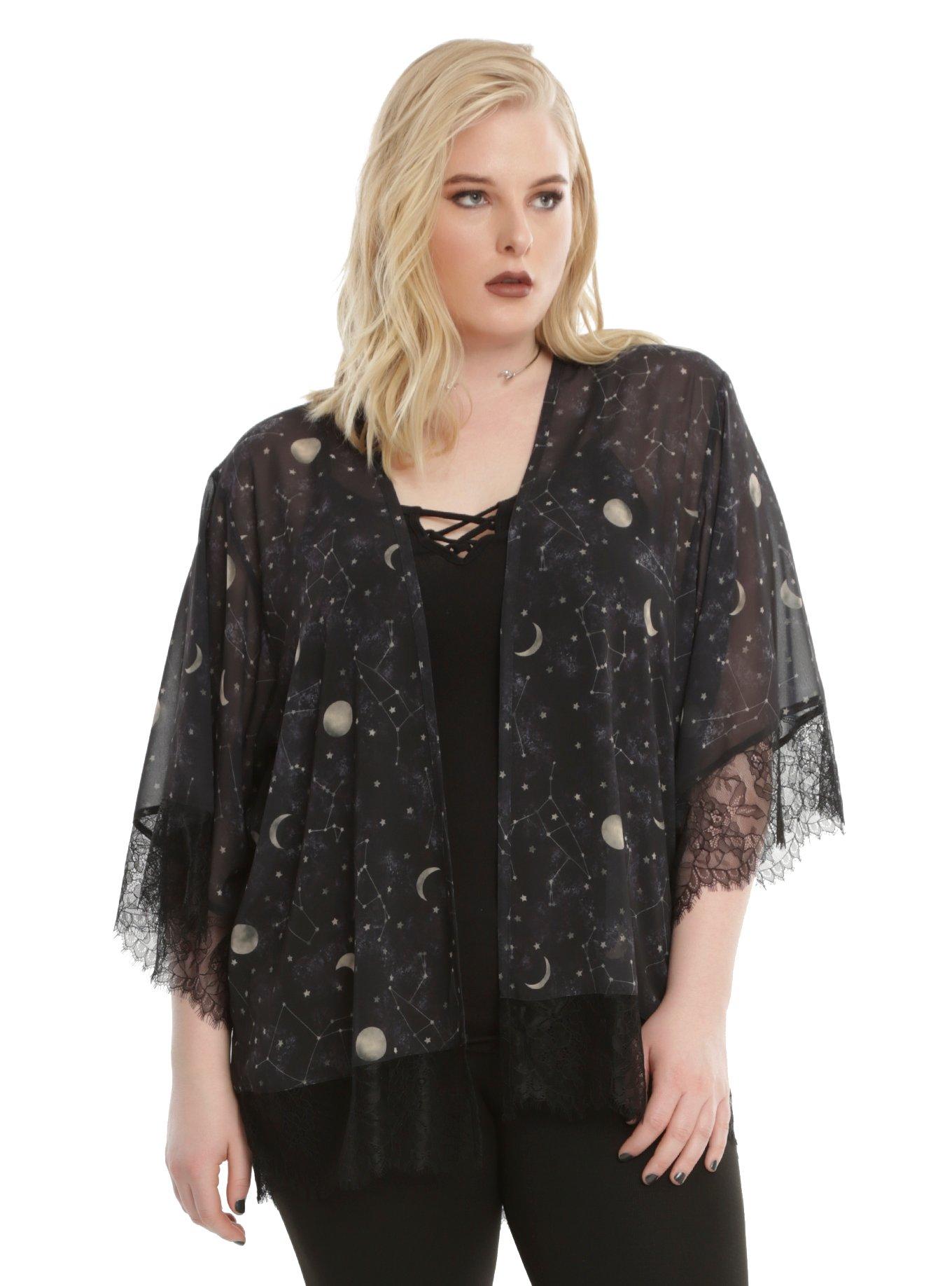 Black Lace Trim Constellation Kimono Plus Size, BLACK, hi-res