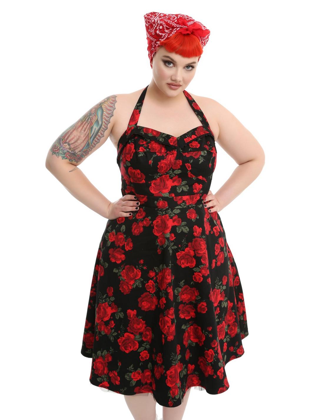 Black & Red Floral Halter Dress Plus Size, BLACK, hi-res
