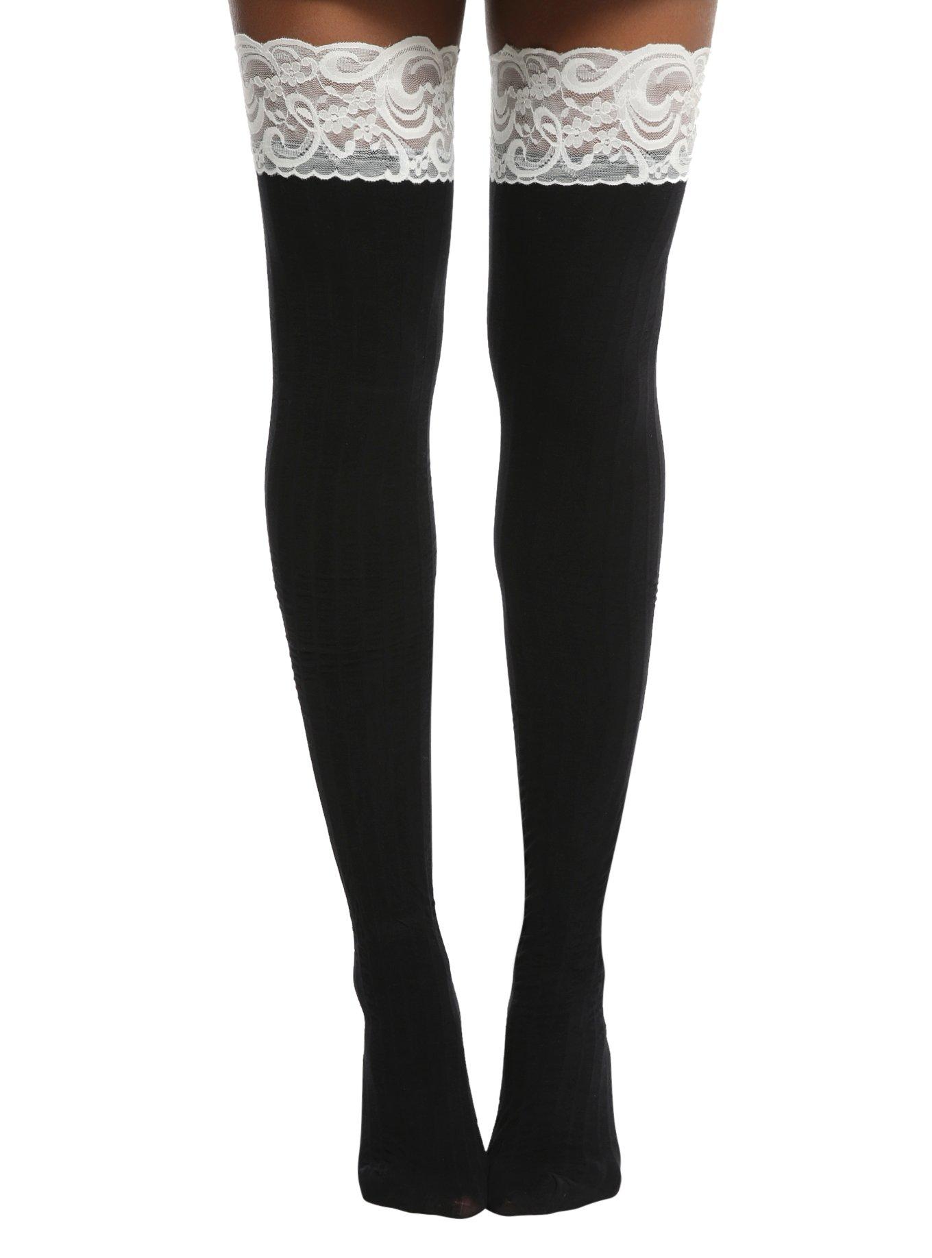 Blackheart Cream Lace Cuff Black Ribbed Thigh Highs