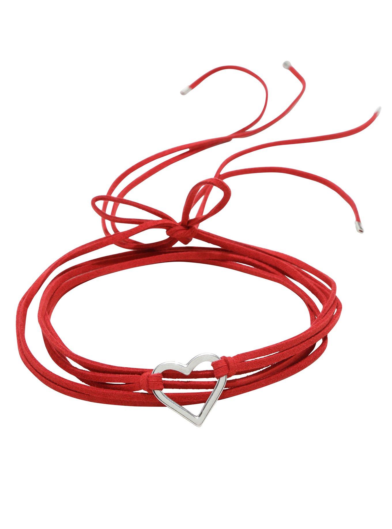 Blackheart Silver Heart Red Suede Cord Choker, , hi-res