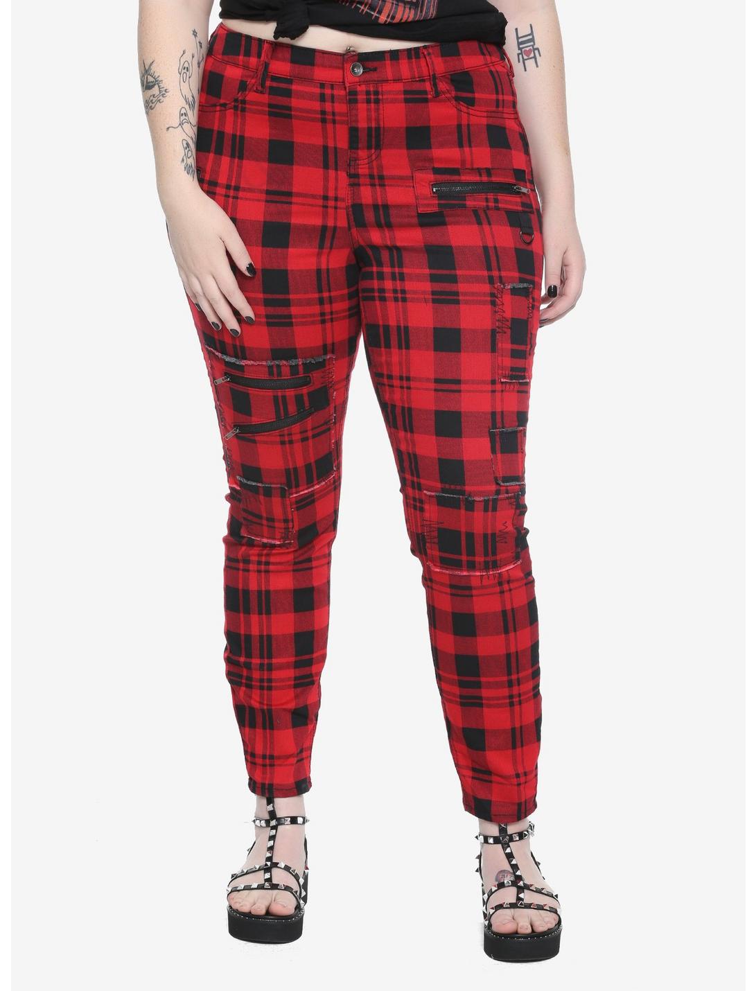 Blackheart Red & Black Plaid Super Skinny Pants Plus Size, RED, hi-res