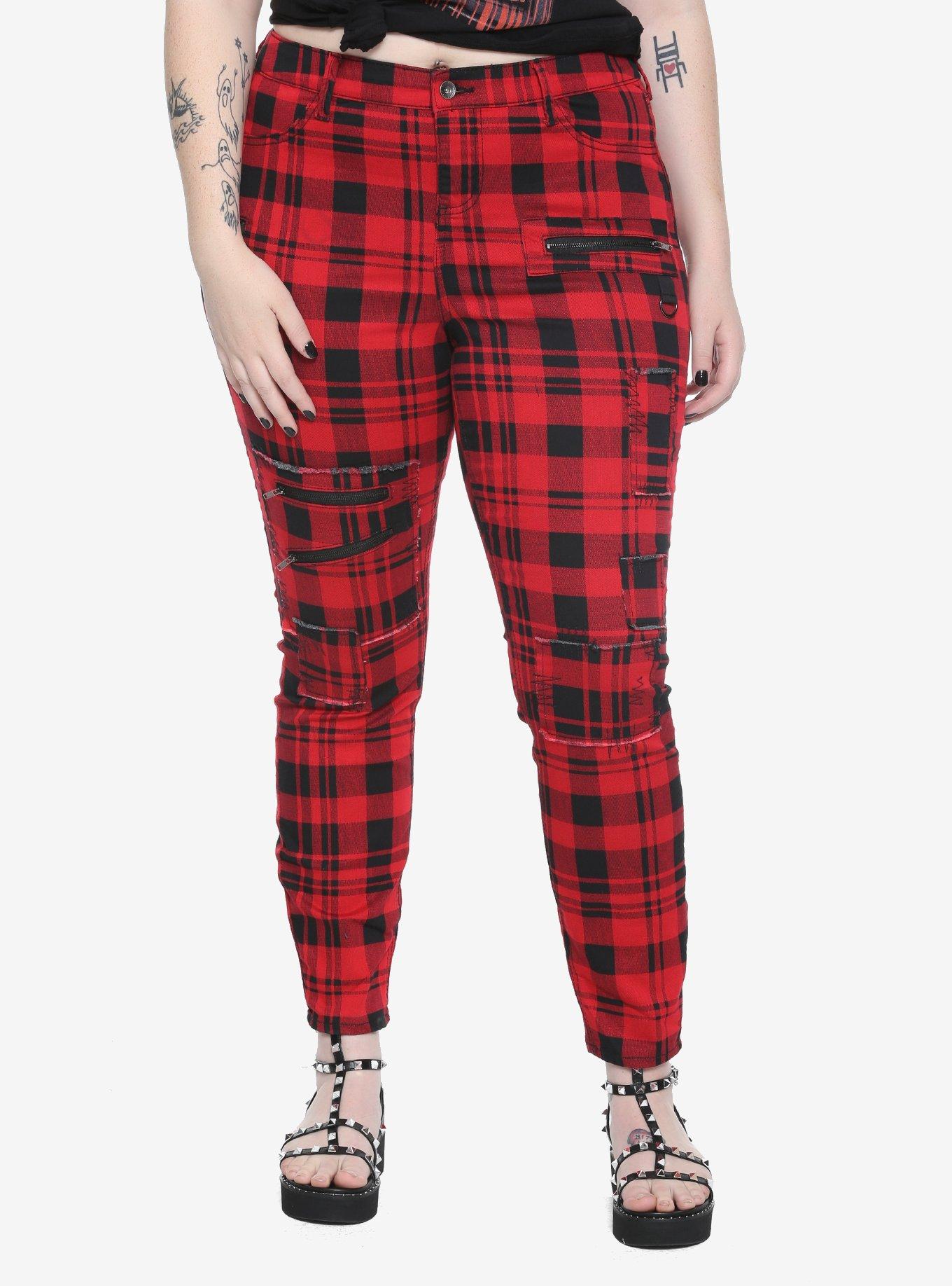 Blackheart Red & Black Plaid Super Skinny Pants Plus Size, RED, hi-res