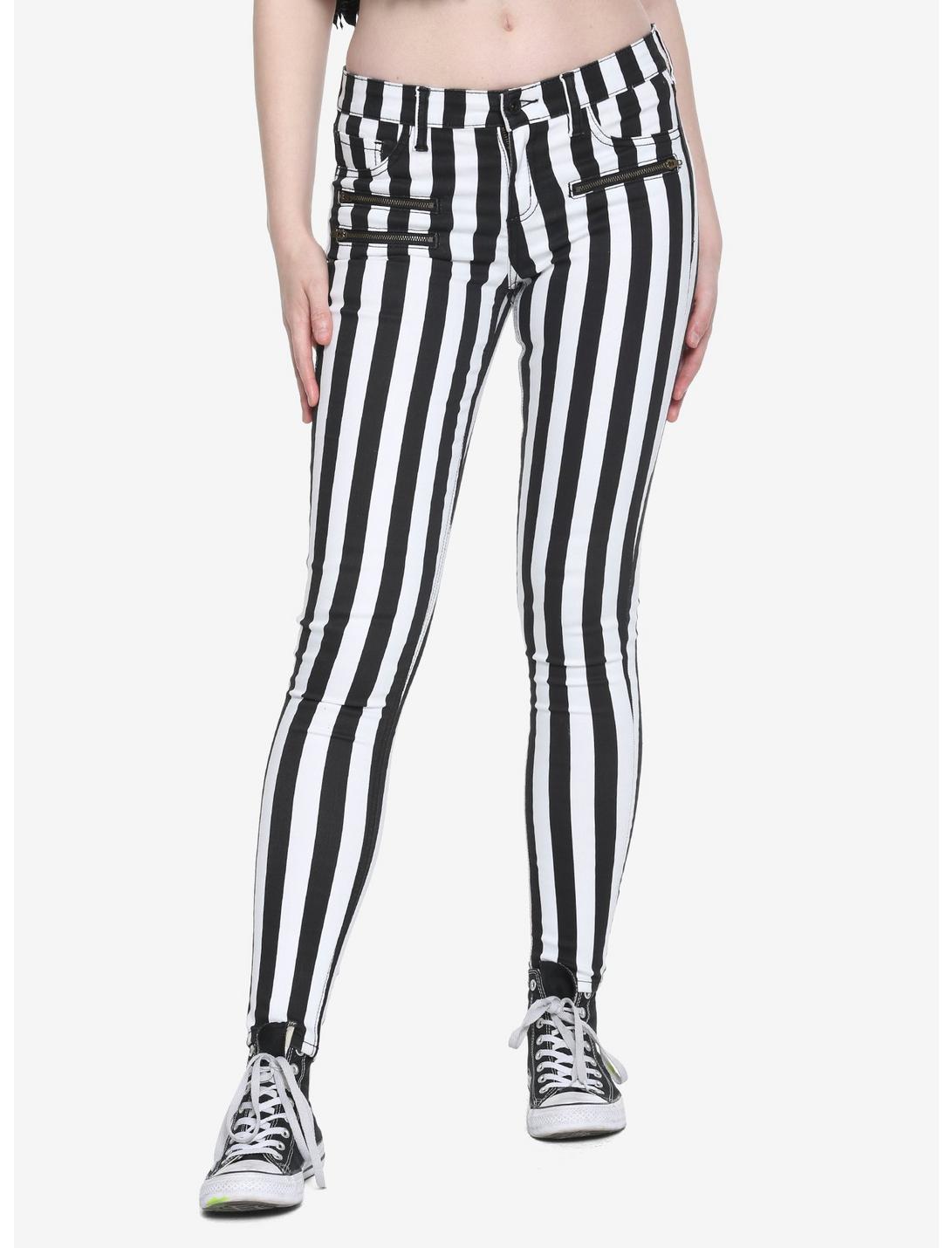 Blackheart Black & White Stripe Zippered Stingerette Jeans, BLACK-WHITE STRIPE, hi-res
