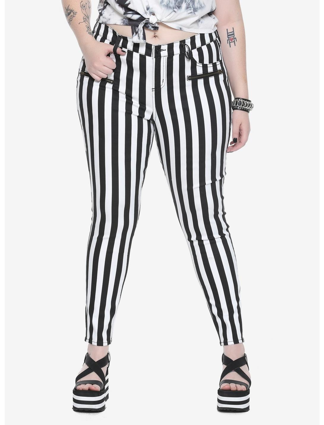 Blackheart Black & White Striped Zippered Stingerette Jeans Plus Size, BLACK-WHITE STRIPE, hi-res