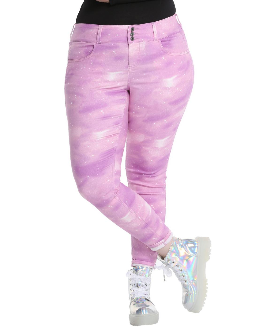 Blackheart Pastel Pink Galaxy Print Super Skinny Jeans Plus Size, BLACK, hi-res