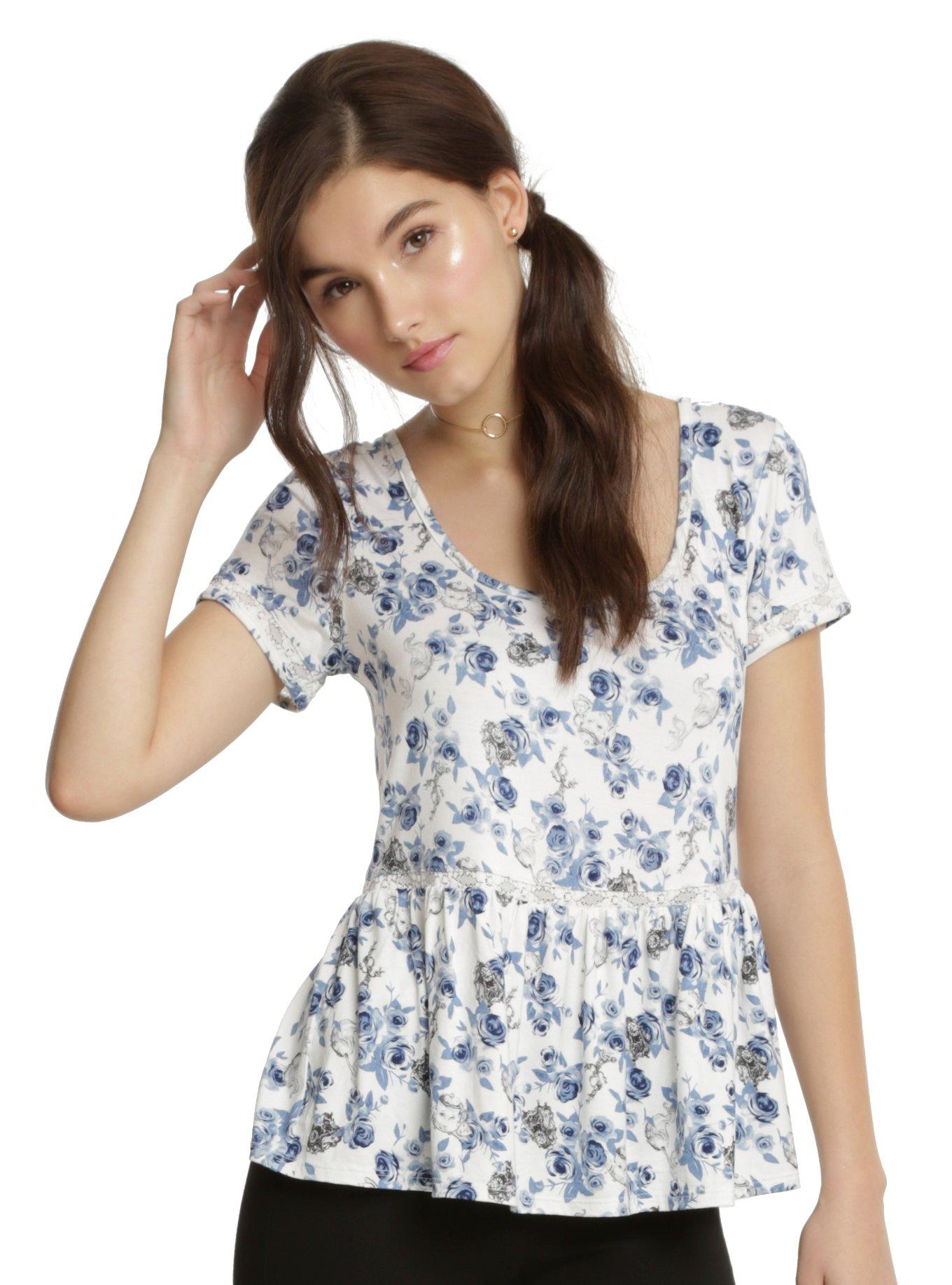 Disney Beauty & The Beast Rose Print Girls Peplum Top, IVORY, hi-res