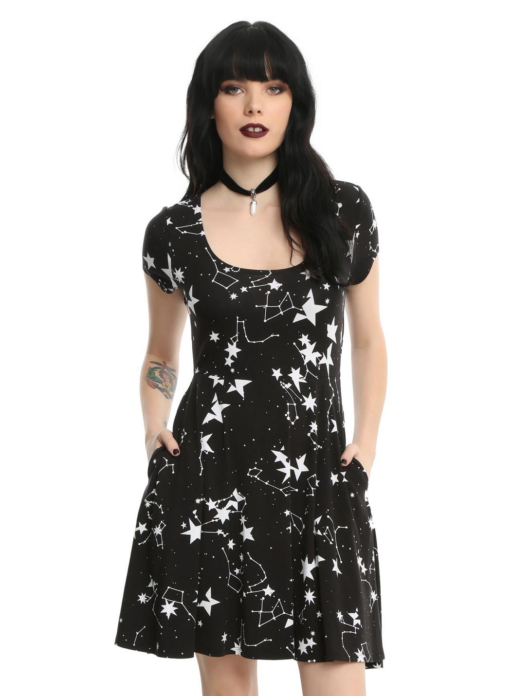 Black & White Starry Fit & Flare Dress, BLACK, hi-res