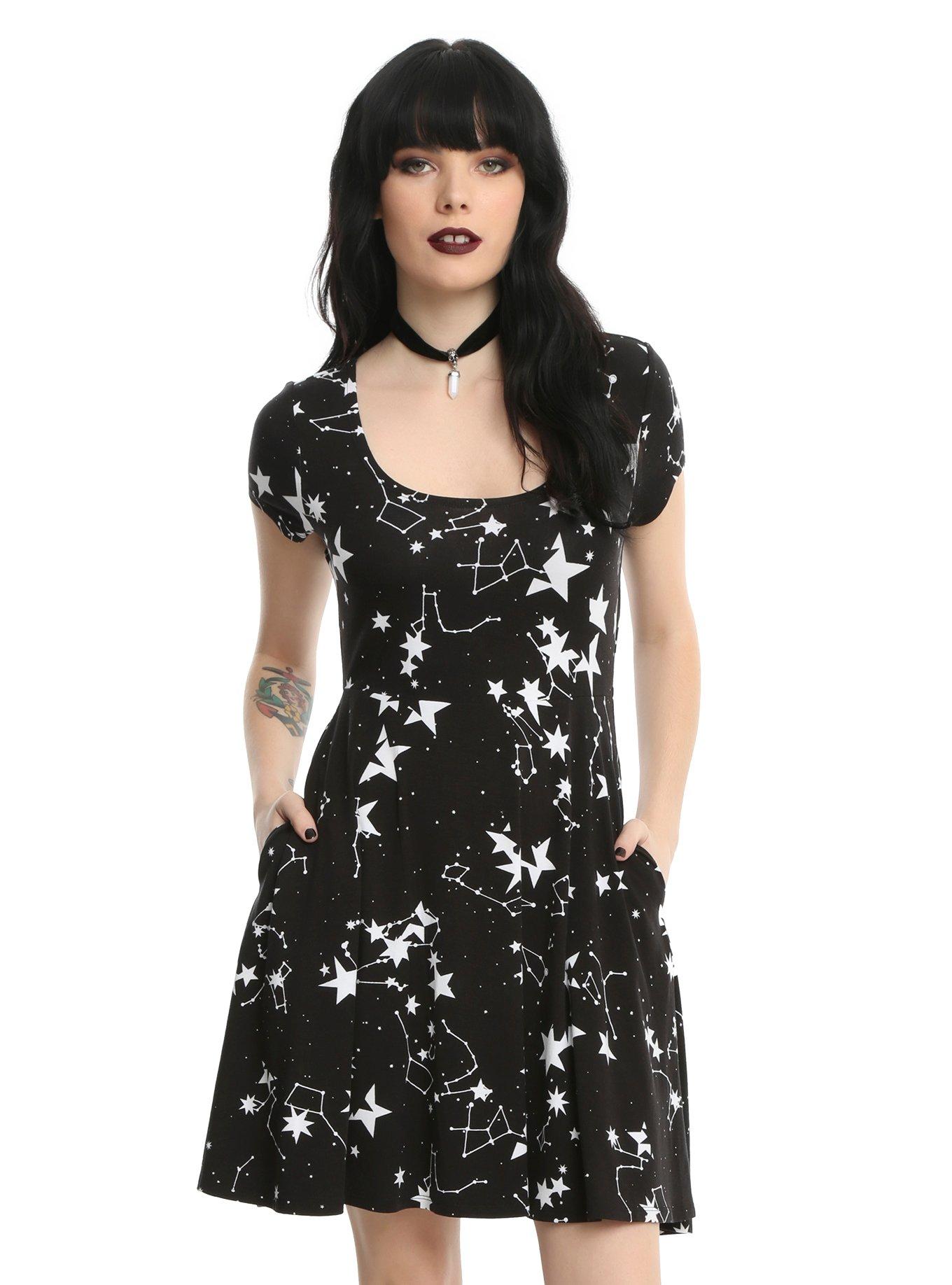 Black & White Starry Fit & Flare Dress, BLACK, hi-res