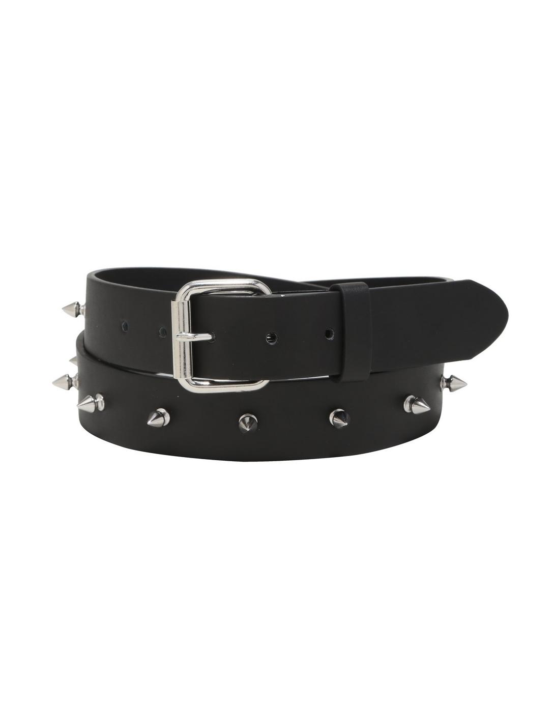 Black Faux Leather Single Row Spike Belt, BLACK, hi-res