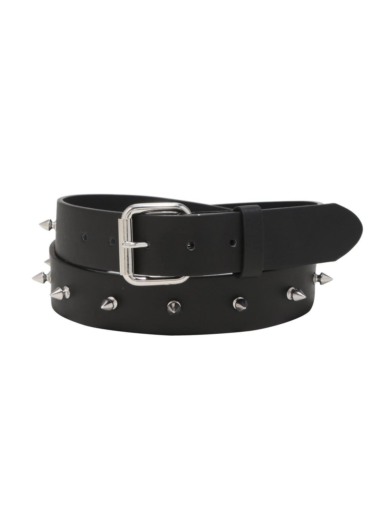 Black Faux Leather Single Row Spike Belt, BLACK, hi-res