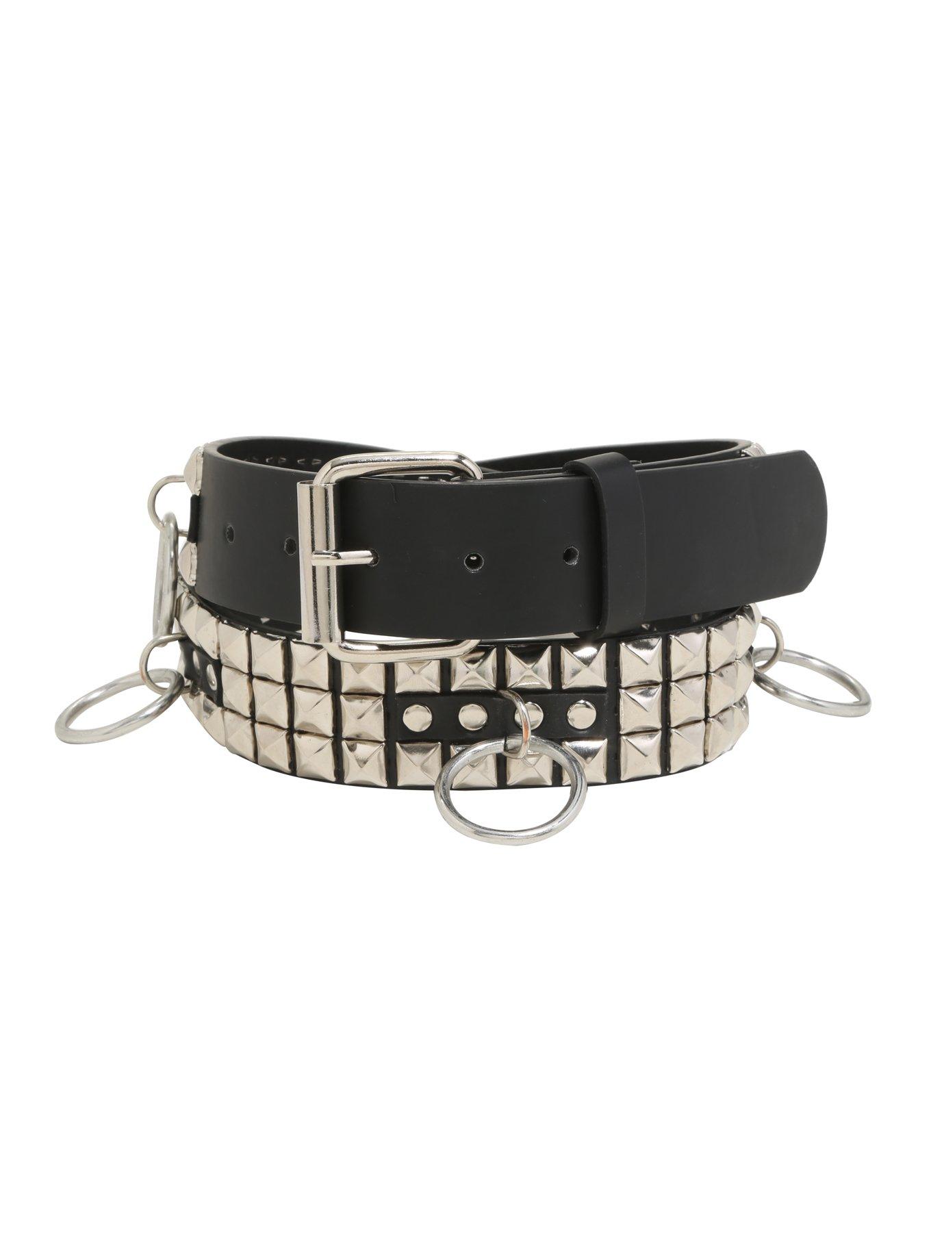 Black Faux Leather O-Ring Pyramid Stud Belt, BLACK, hi-res