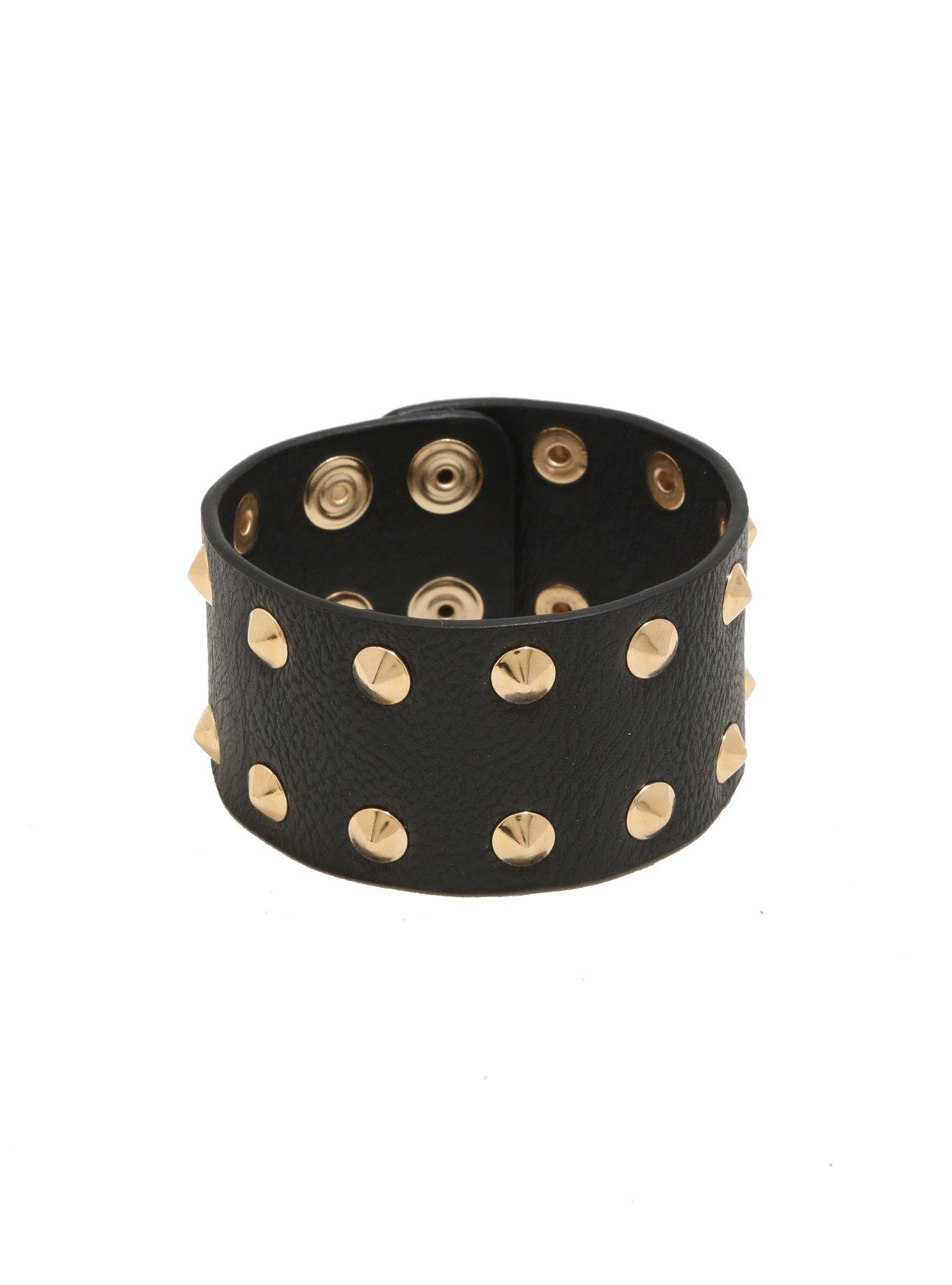 Black Faux Leather Gold Spike Cuff, , hi-res