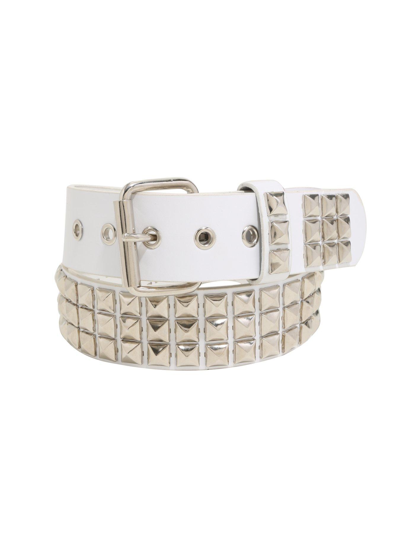 White Faux Leather 3 Row Pyramid Stud Belt, WHITE, hi-res