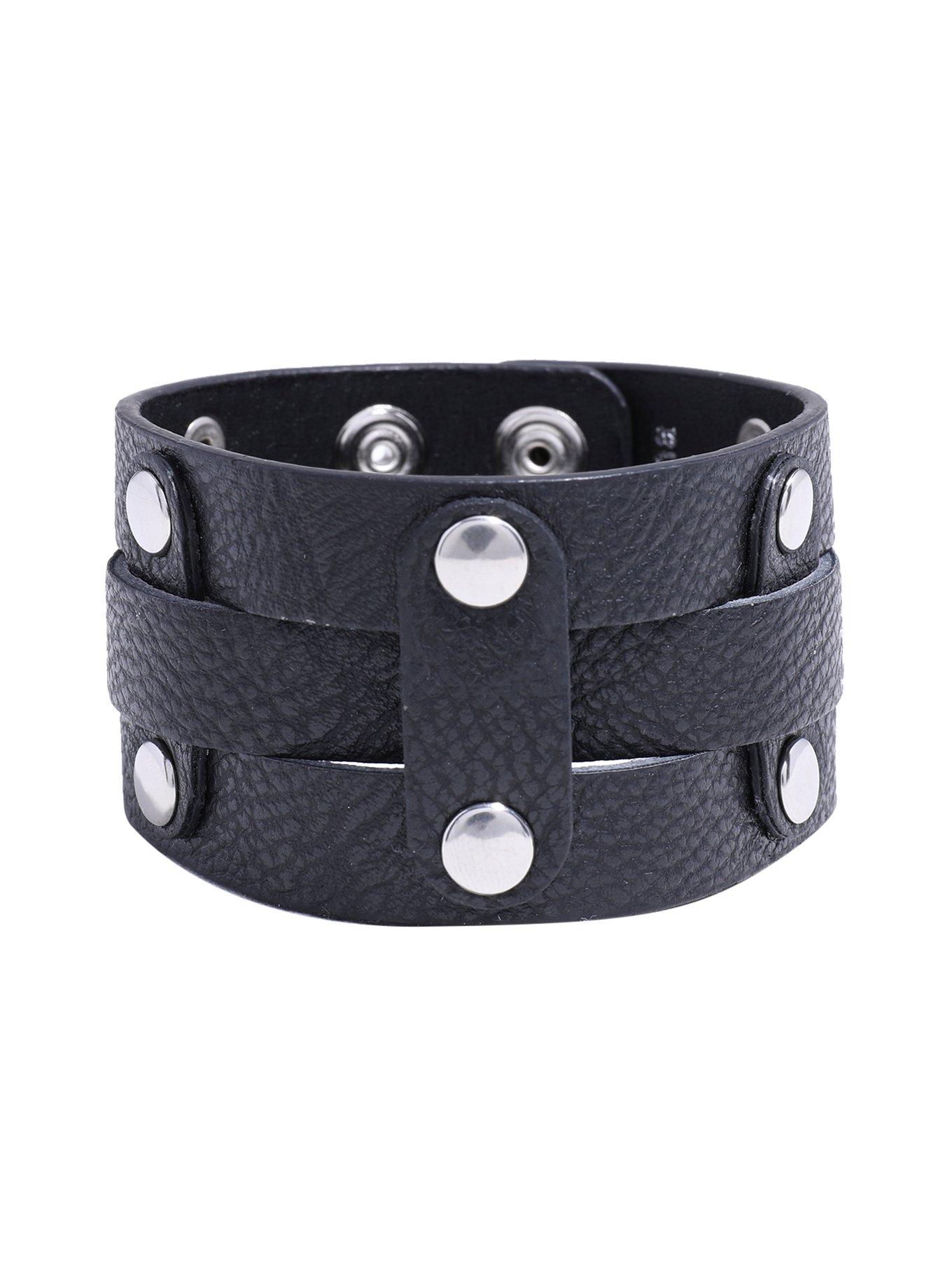 Black Strap Flat Stud Cuff Bracelet, , hi-res