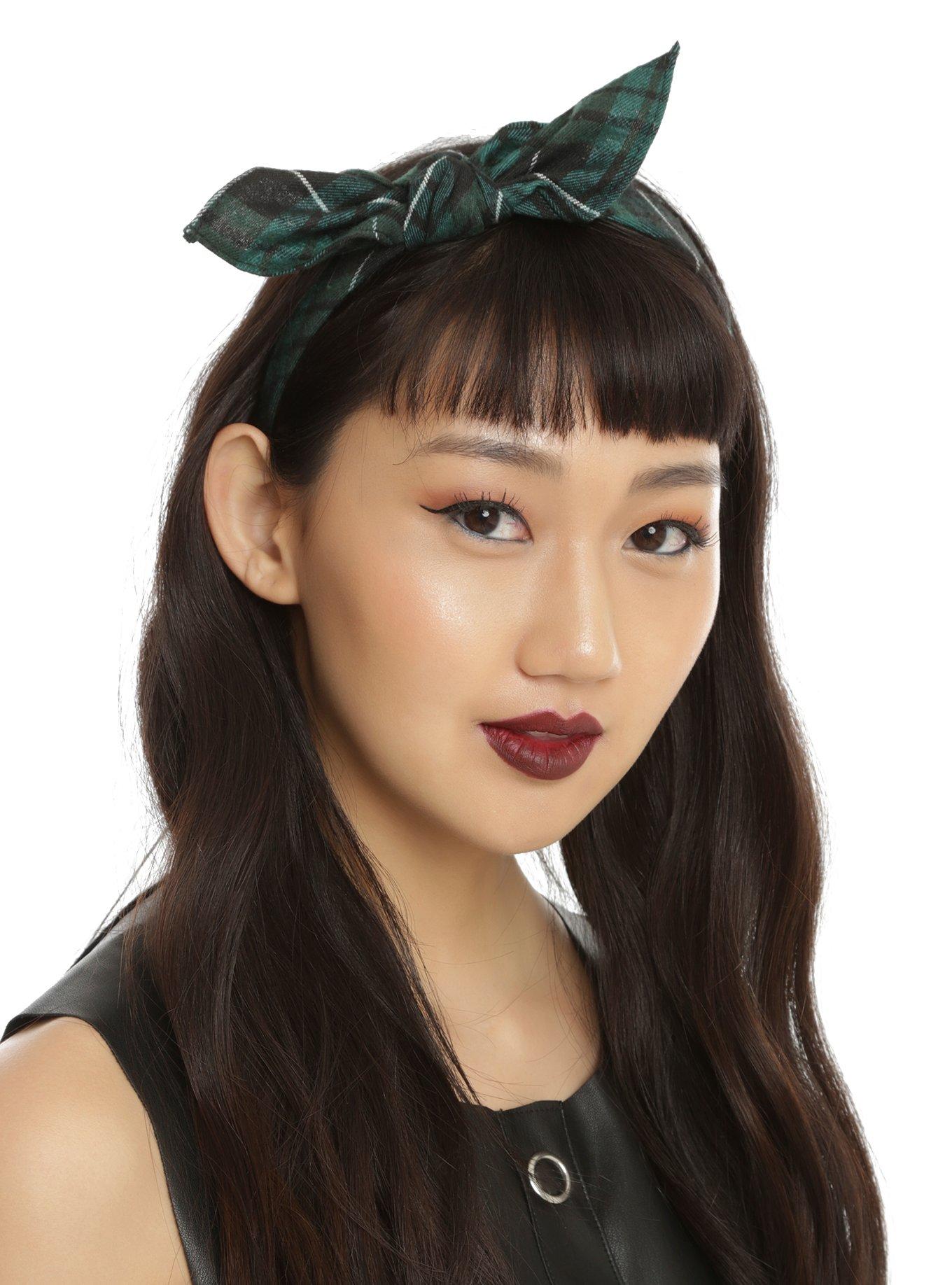 Blackheart Green Plaid Bow Headband, , hi-res