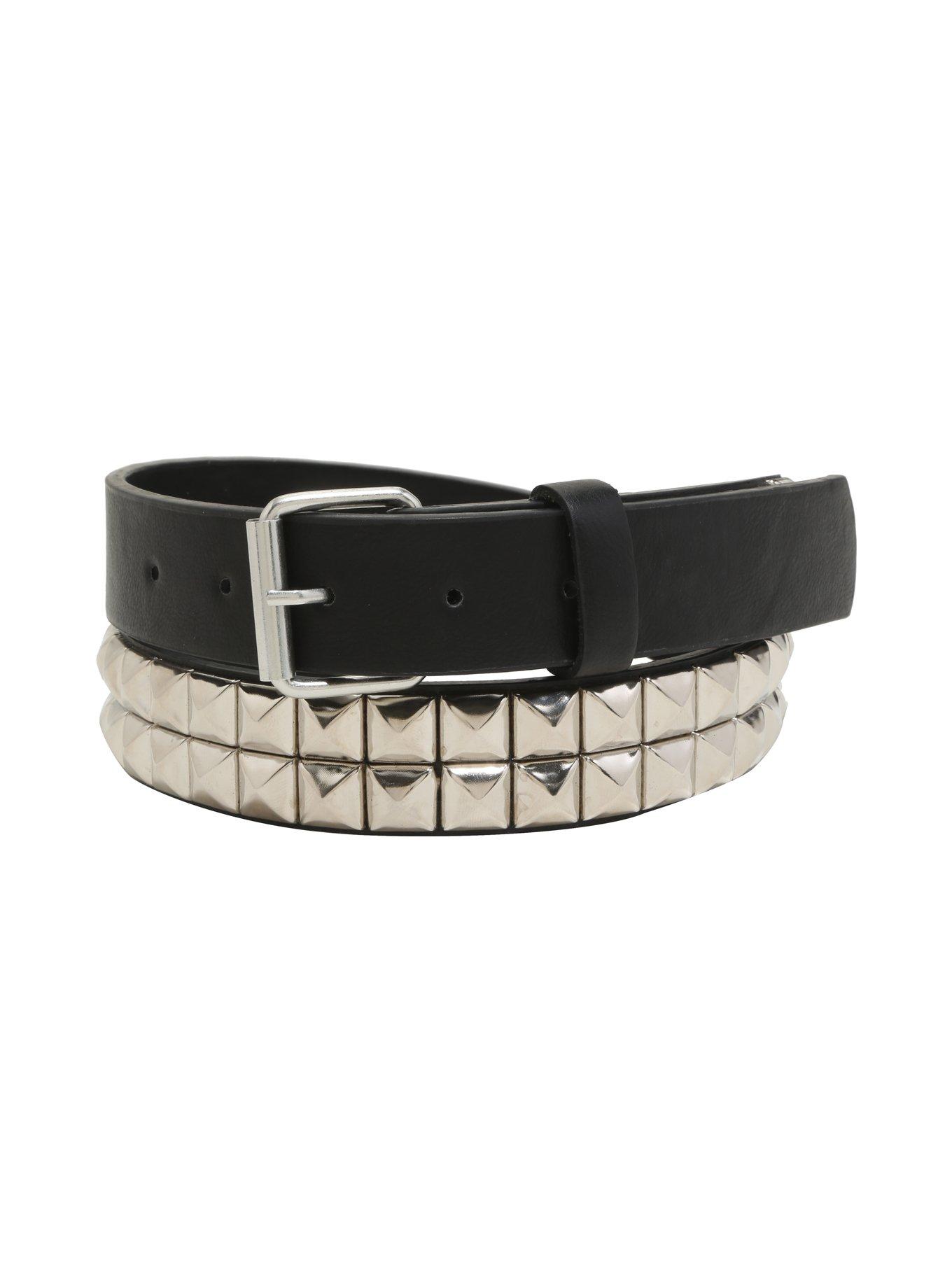 Black Leather 2 Row Pyramid Belt, BLACK, hi-res