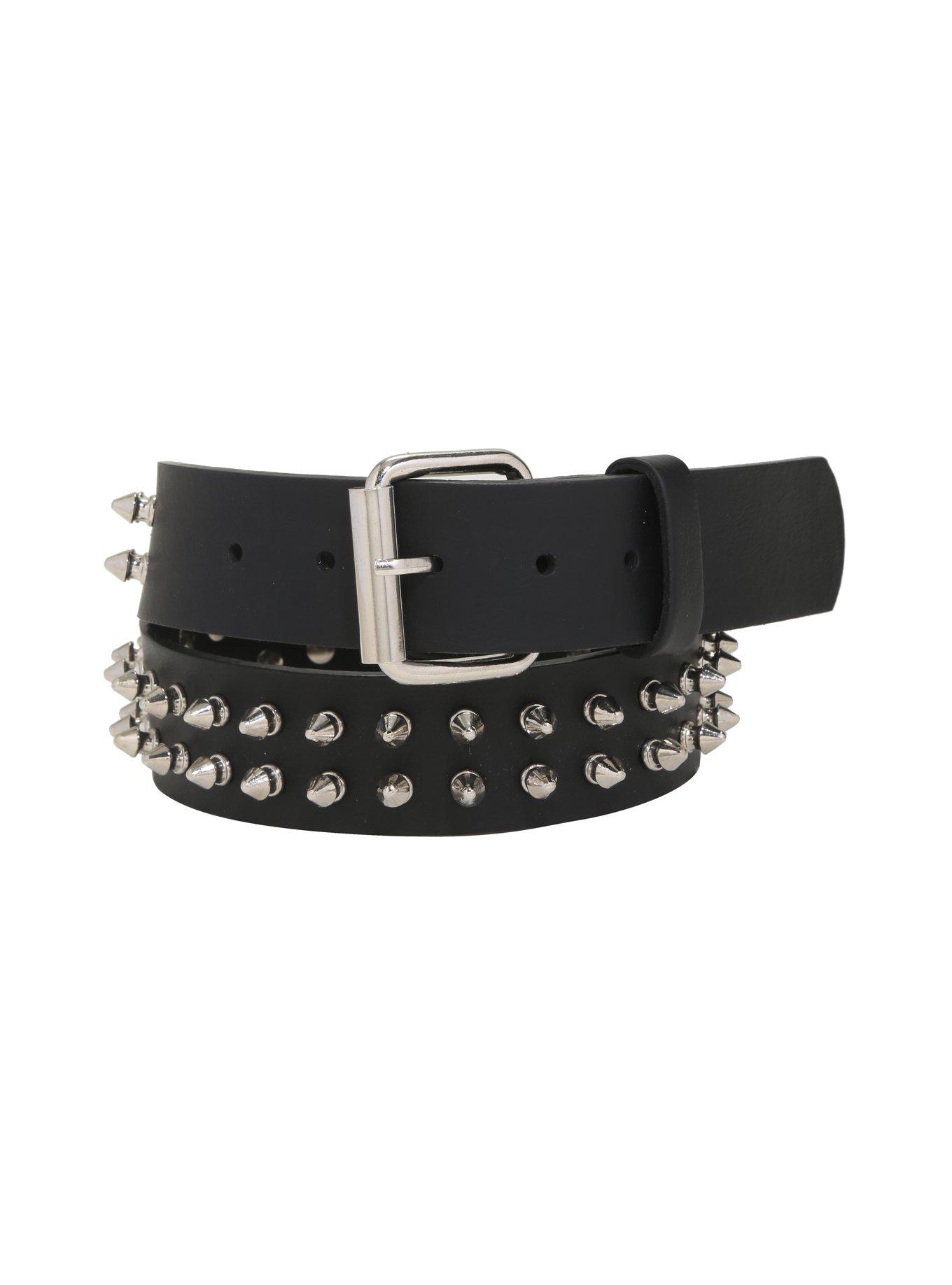 Black Leather 2 Row Spike Belt, BLACK, hi-res