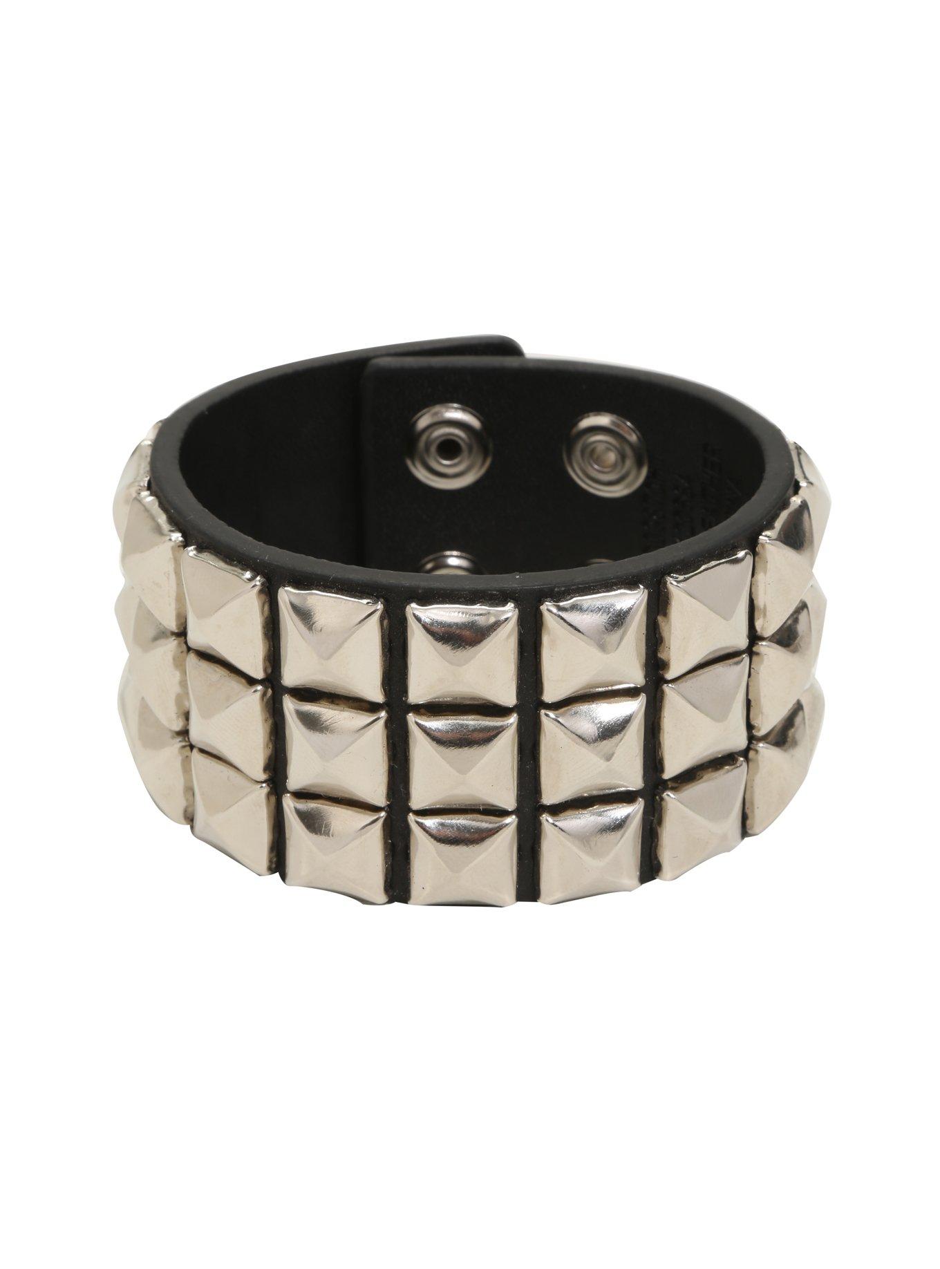 Black Leather 3 Row Pyramid Stud Cuff, , hi-res