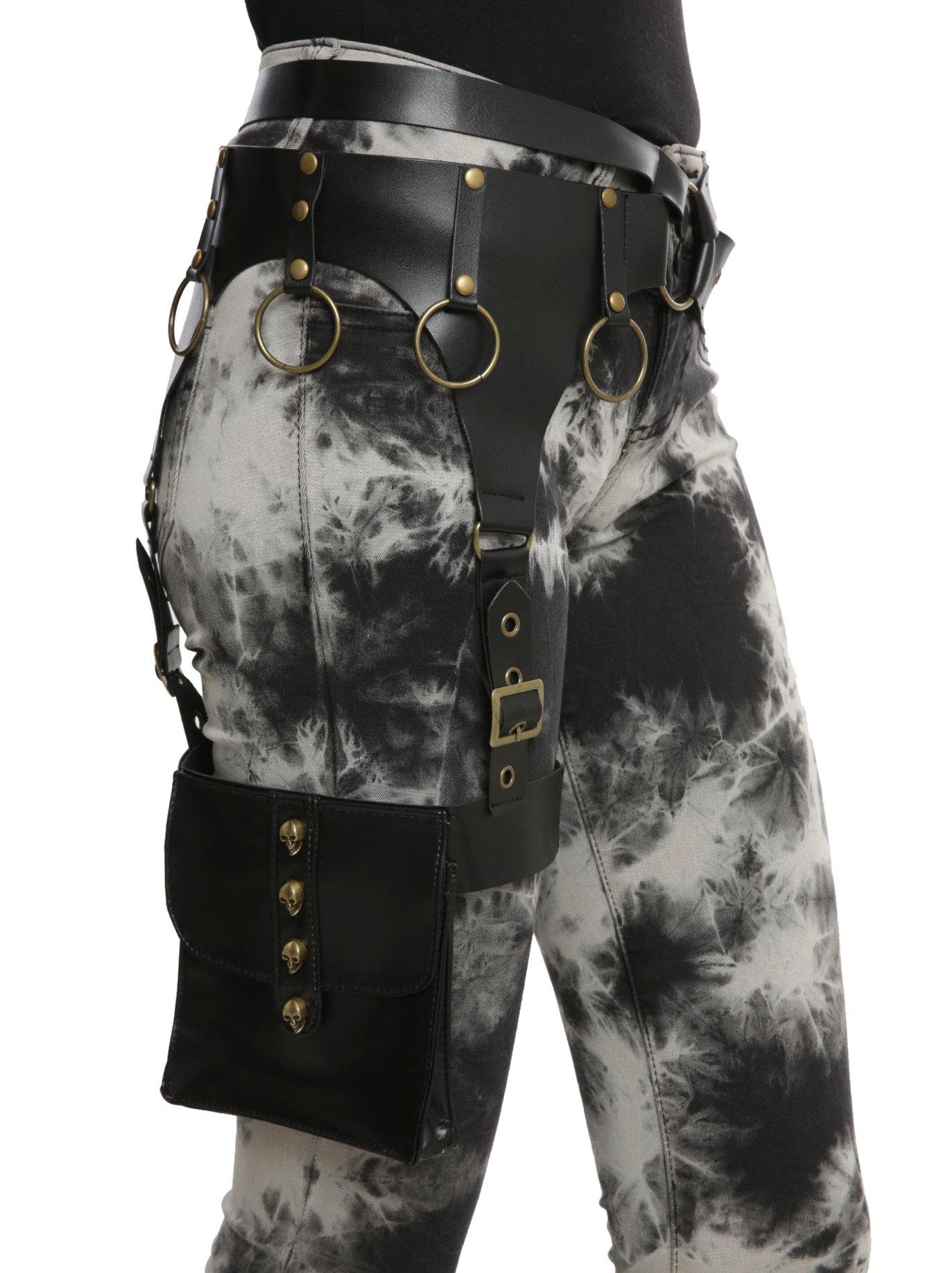 Black Faux Leather Leg Garter Belt, BLACK, hi-res
