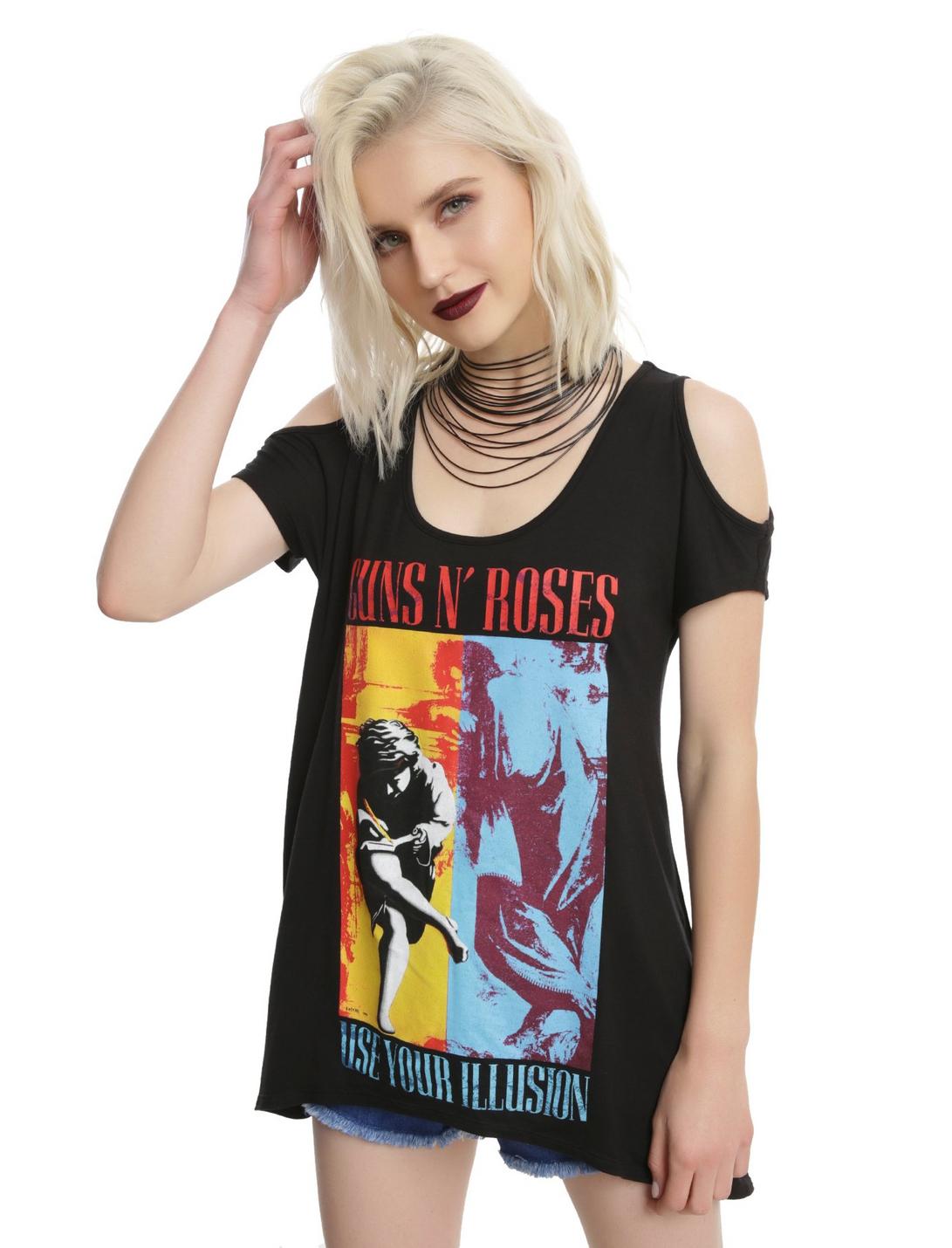 Guns N' Roses Use Your Illusion Girls Cold Shoulder Top, BLACK, hi-res