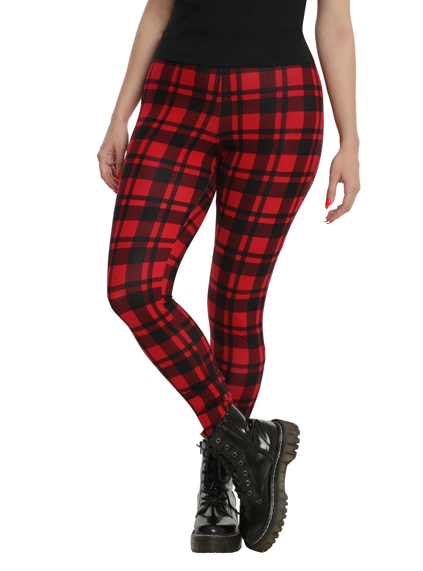 Blackheart Red & Black Plaid Leggings, RED, hi-res