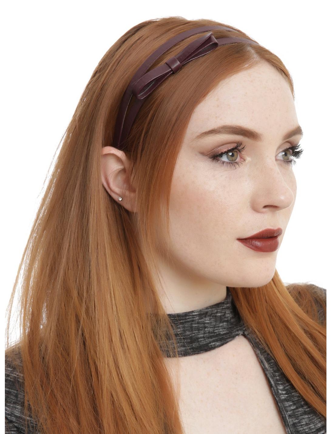 Black White & Burgundy Faux Leather Bow Headband Set, , hi-res