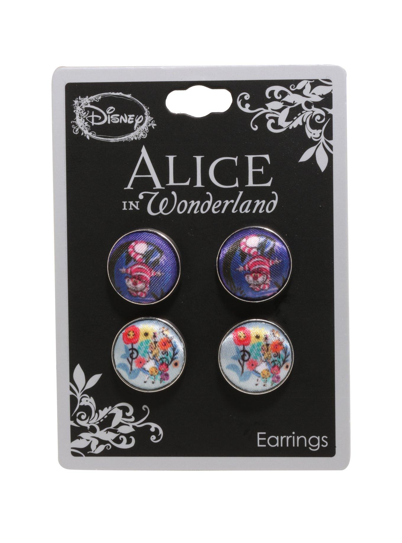 Disney Alice In Wonderland Cheshire Cat & Flowers Fabric Button Earrings Set, , hi-res