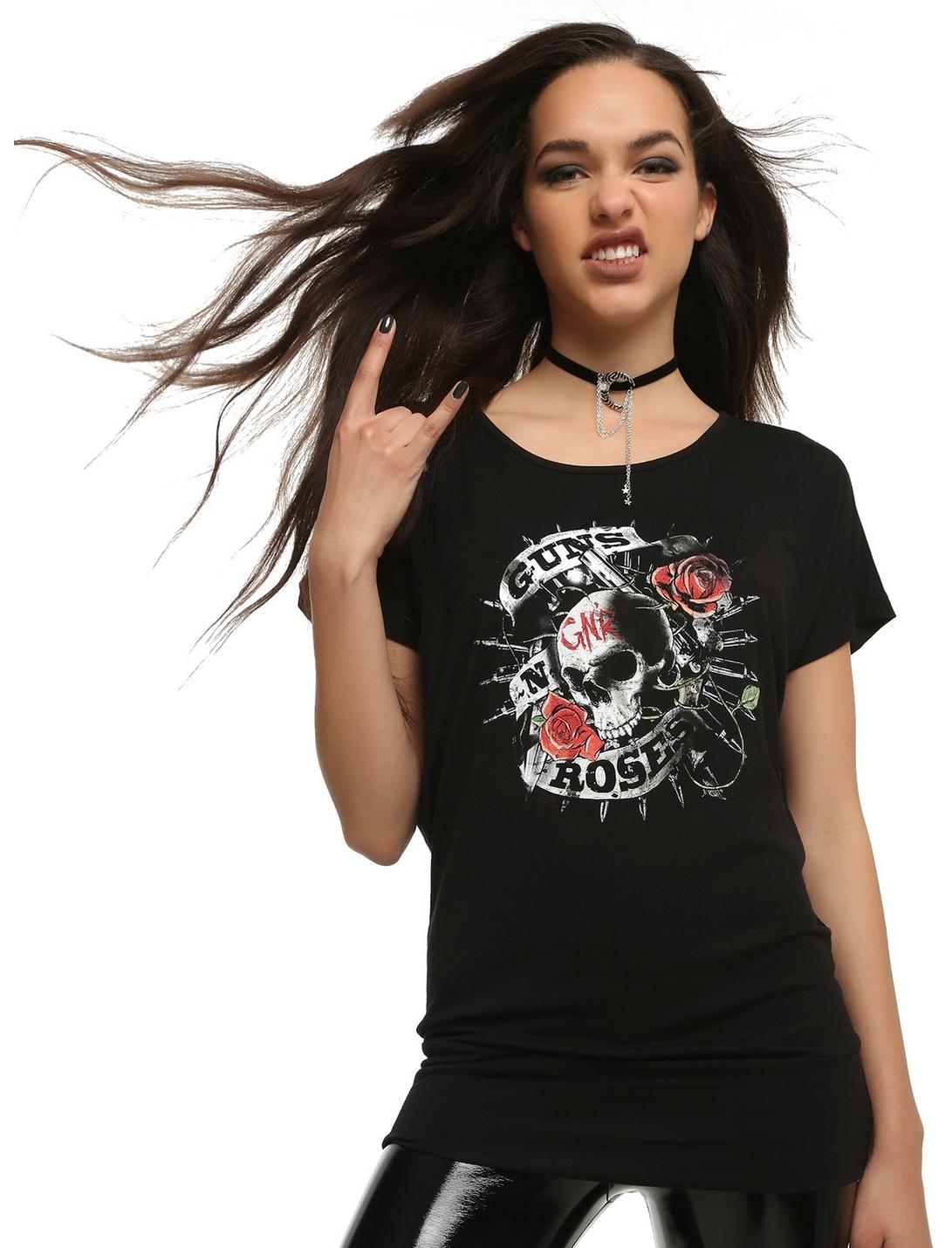 Guns N' Roses Skull GNR Girls Dolman Sleeve Top, BLACK, hi-res