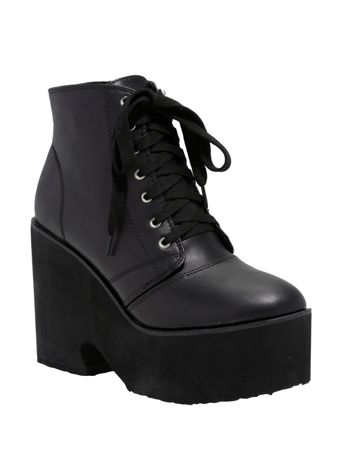 Black Lace-Up Platform Booties, BLACK, hi-res