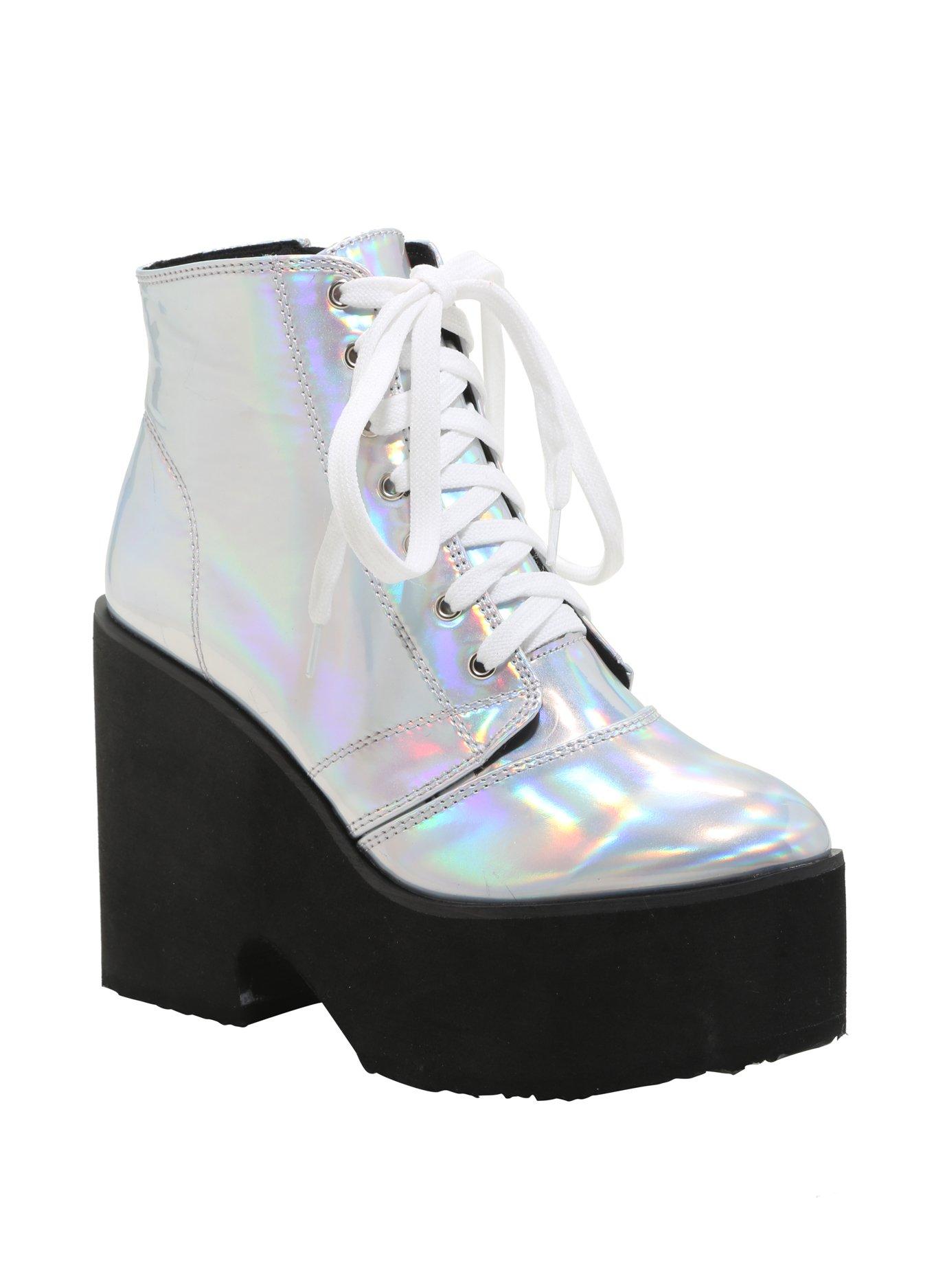 Holographic Lace-Up Platform Booties, MULTICOLOR, hi-res