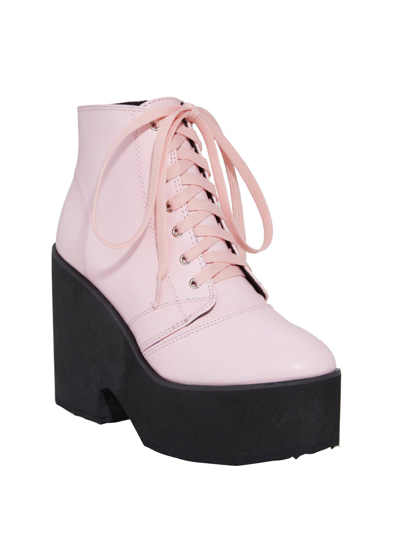 Pastel Pink Lace-Up Platform Booties, BLACK, hi-res