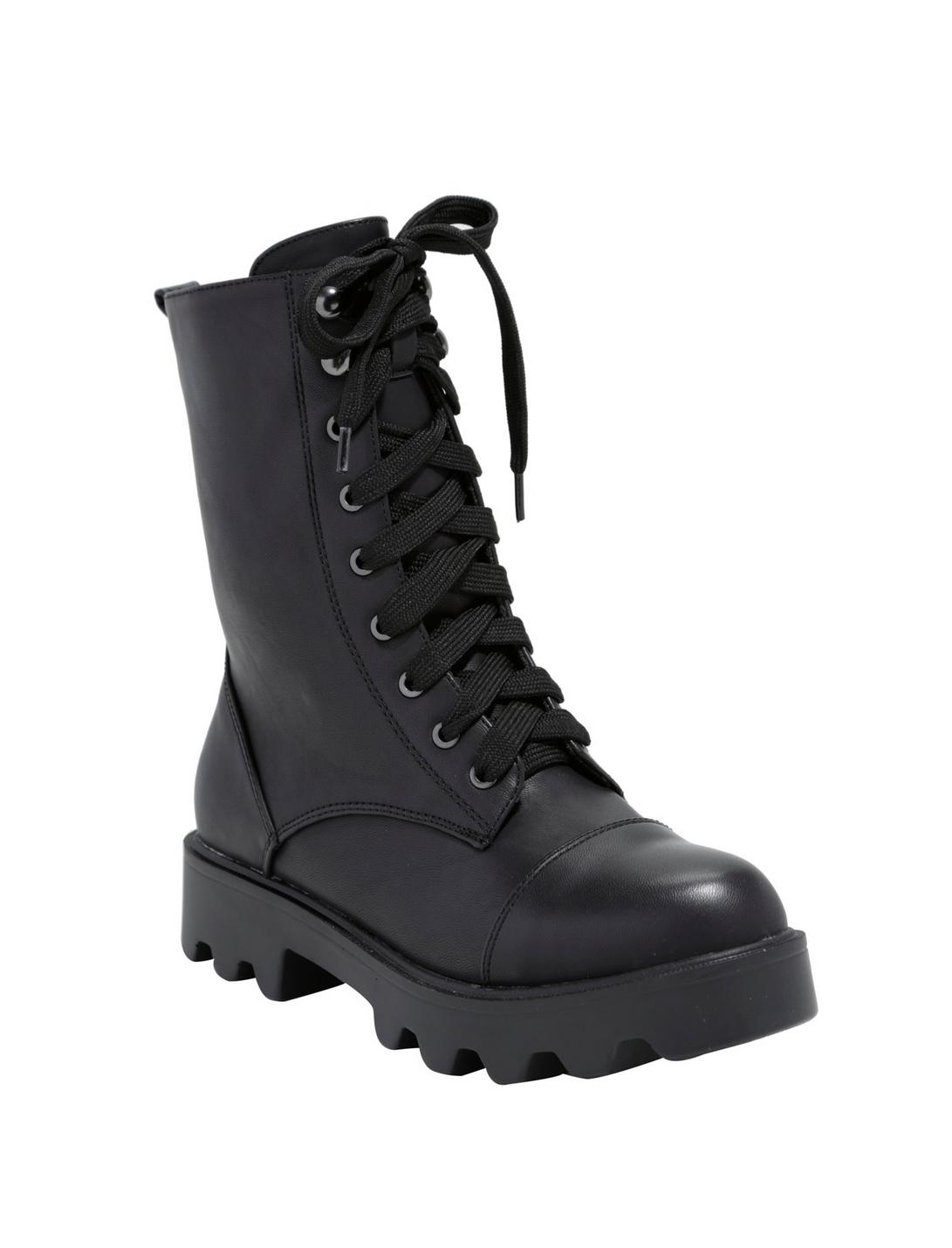 Black Lace-Up Thick Sole Combat Boots, BLACK, hi-res