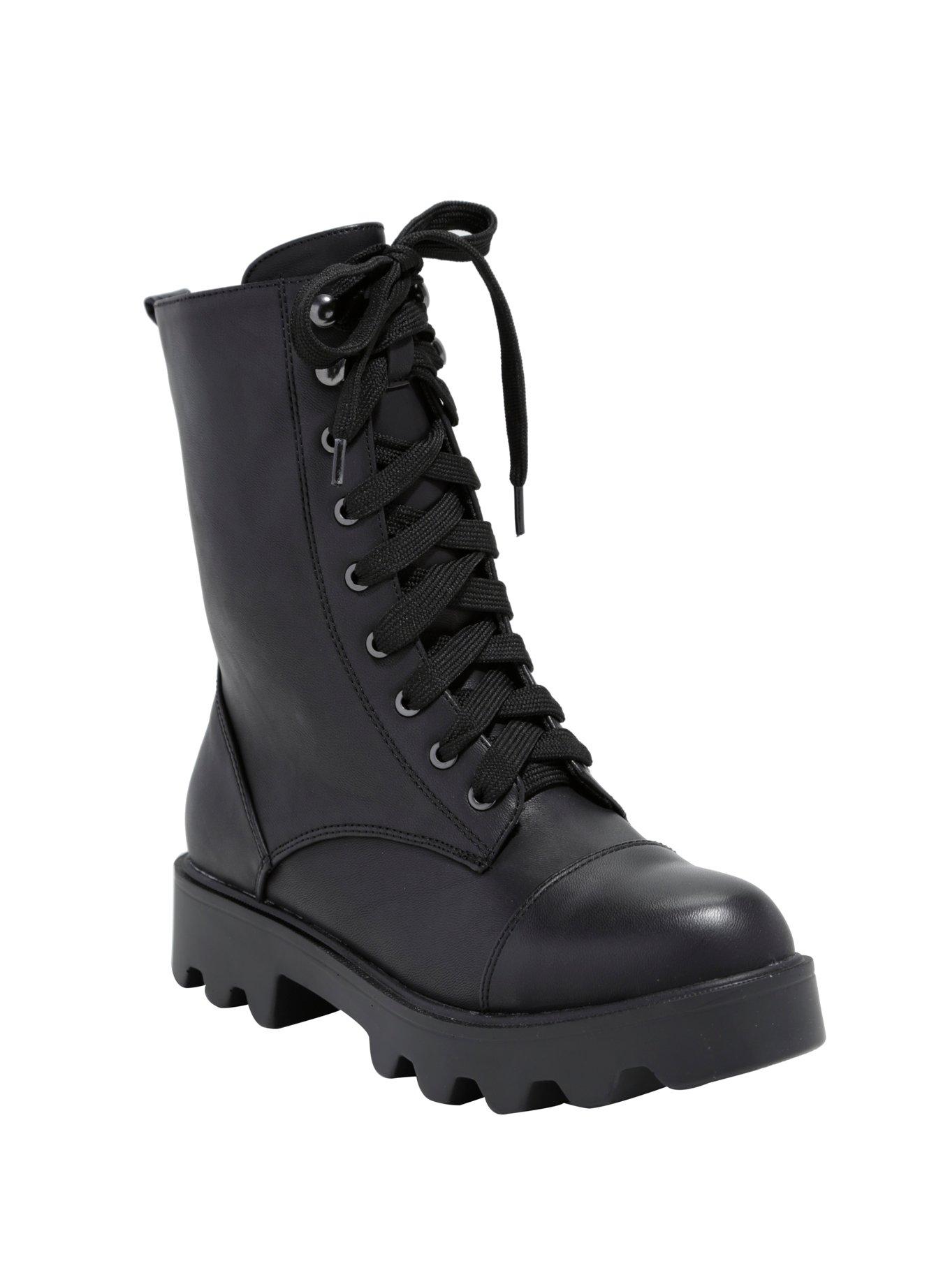 Black Lace-Up Thick Sole Combat Boots, BLACK, hi-res