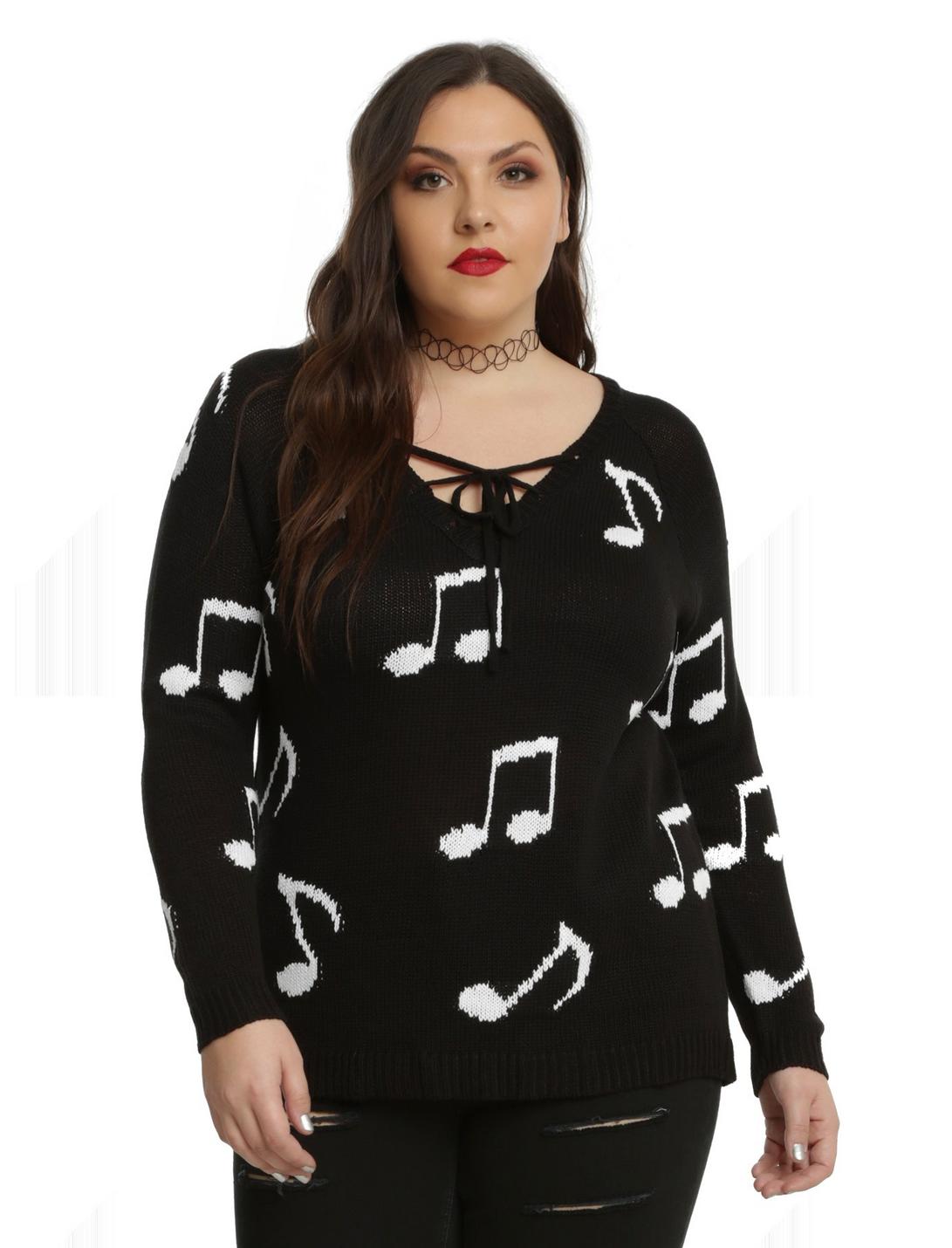 Black & White Music Note Lace-Up Girls Sweater Plus Size, BLACK, hi-res