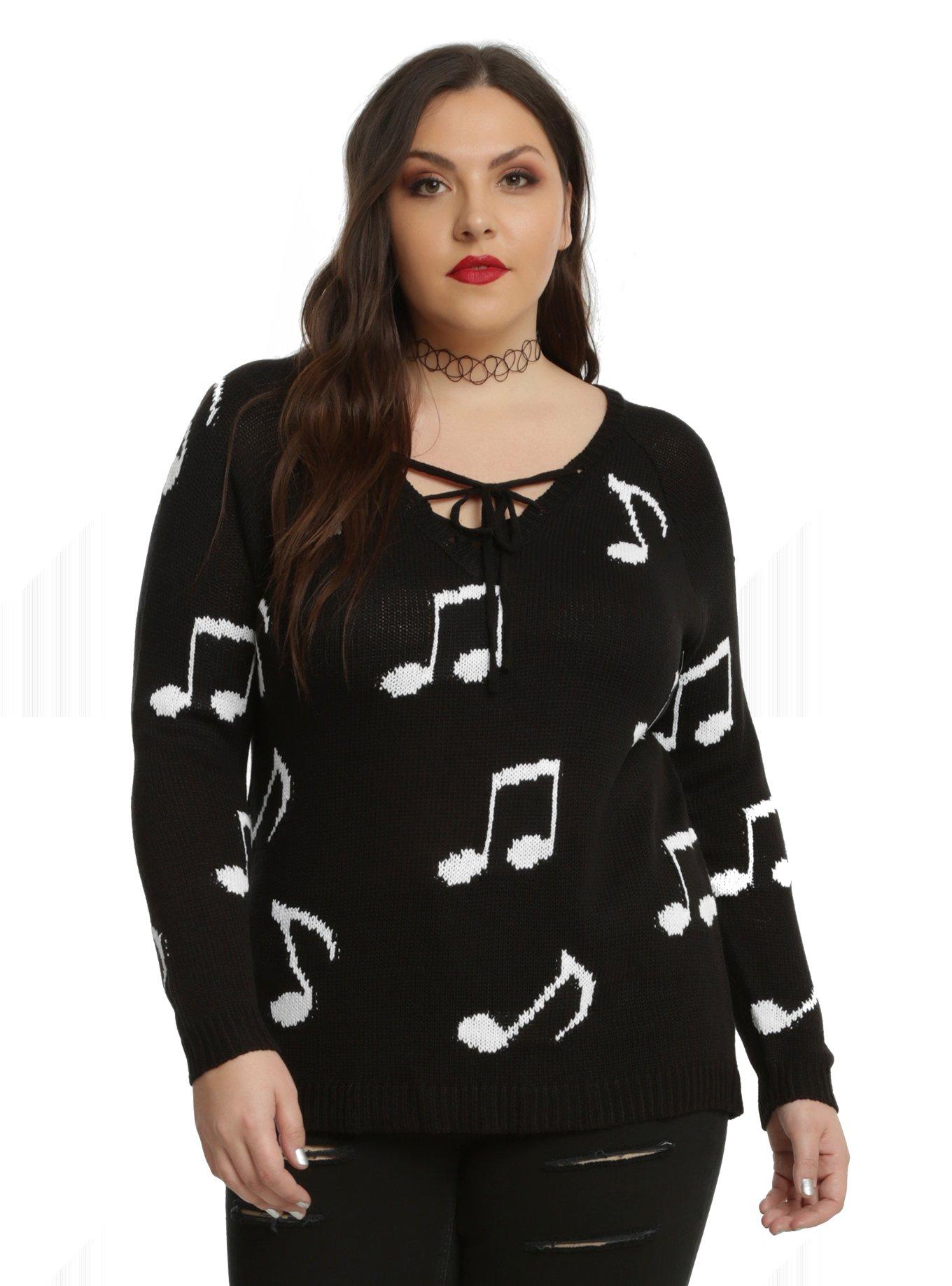 Black & White Music Note Lace-Up Girls Sweater Plus Size, BLACK, hi-res