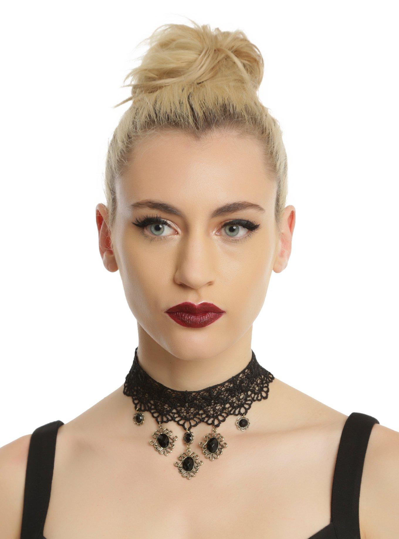 Blackheart Wide Black Lace Black Gem Choker, , hi-res