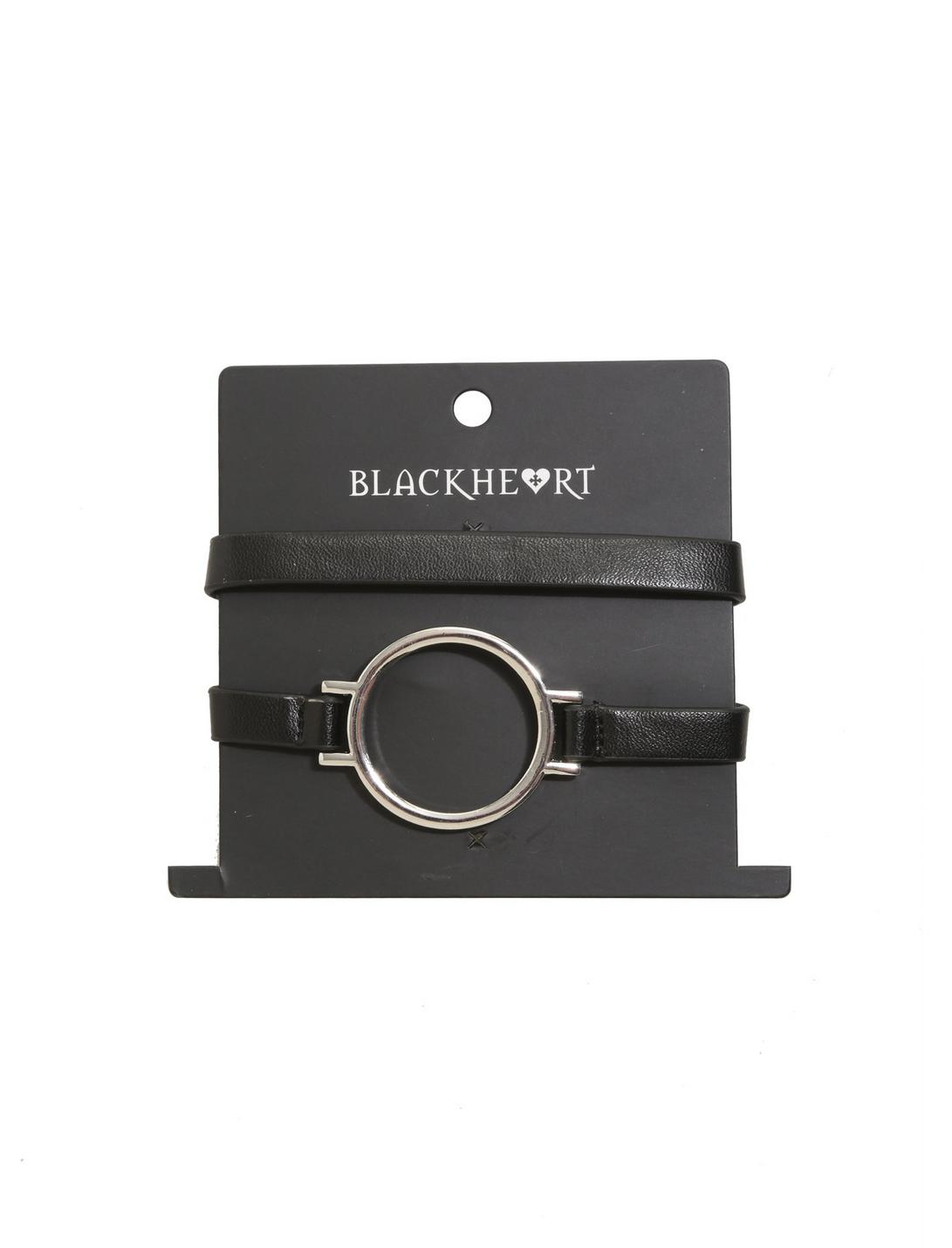 Blackheart Silver O-Ring Black Faux Leather Wrap Bracelet, , hi-res