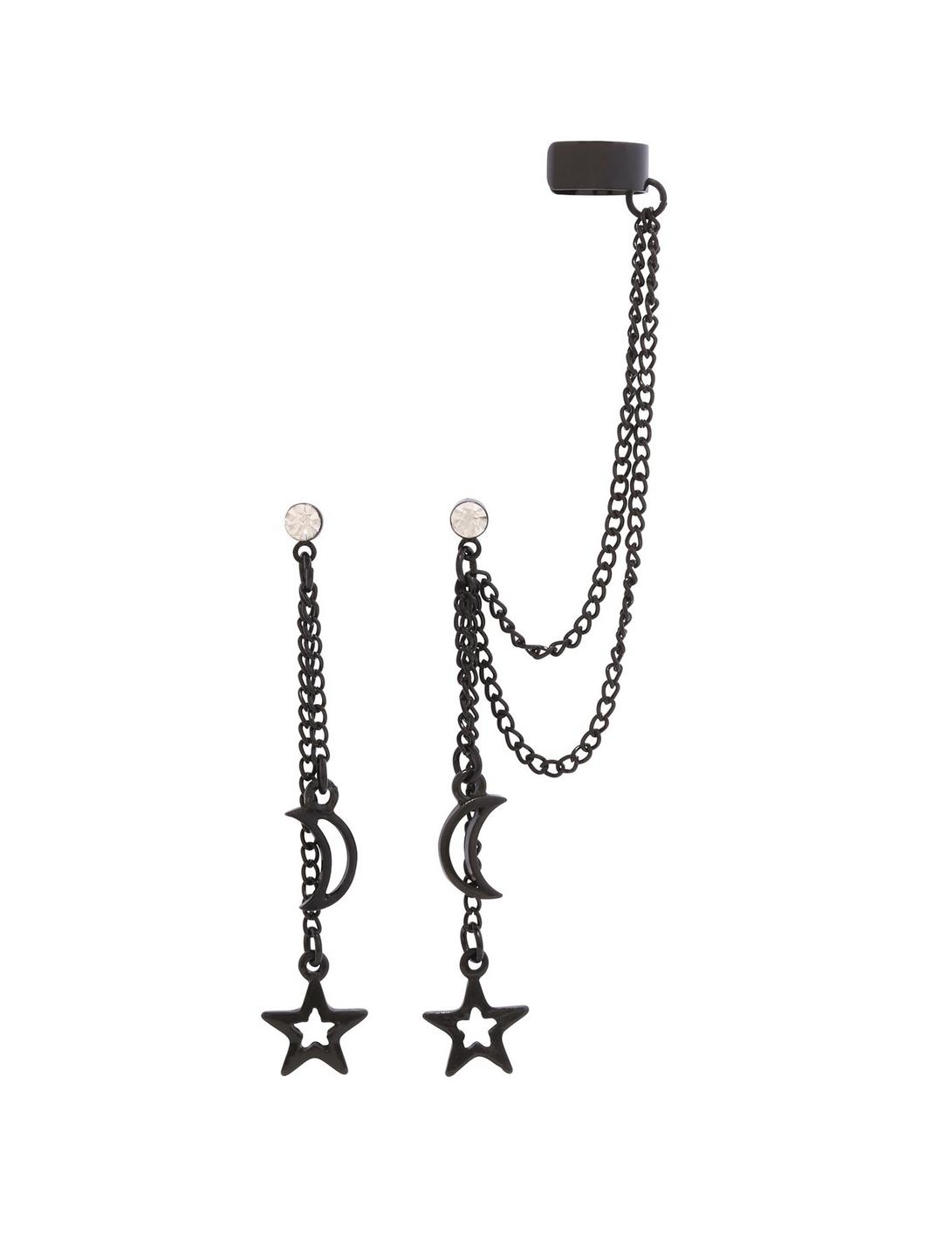 Blackheart Matte Black Moon & Stars Dangle Cuff Earrings, , hi-res