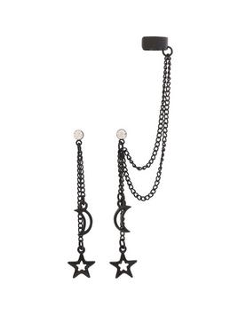 Plus Size Blackheart Matte Black Moon & Stars Dangle Cuff Earrings, , hi-res