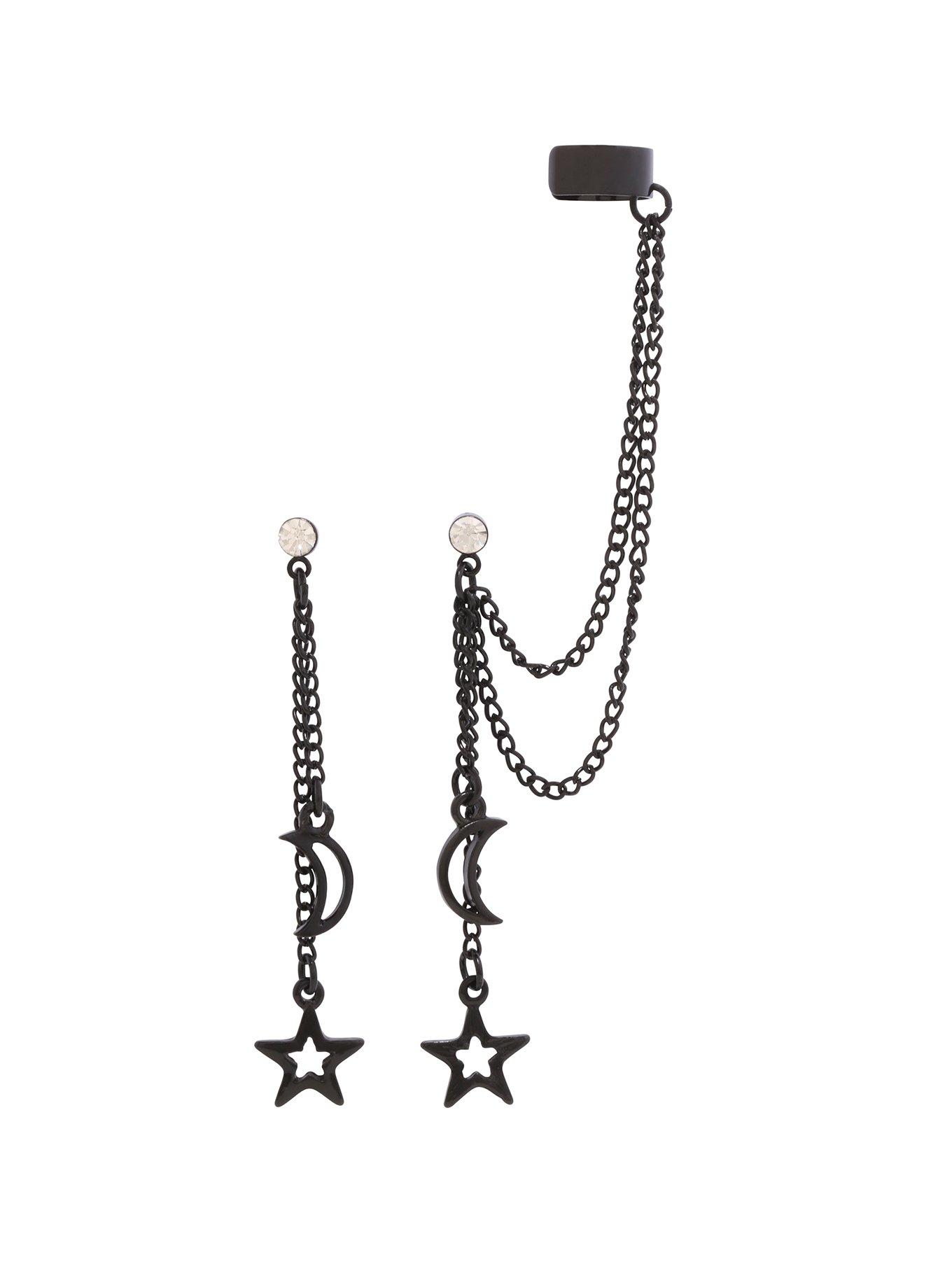 Blackheart Matte Black Moon & Stars Dangle Cuff Earrings, , hi-res