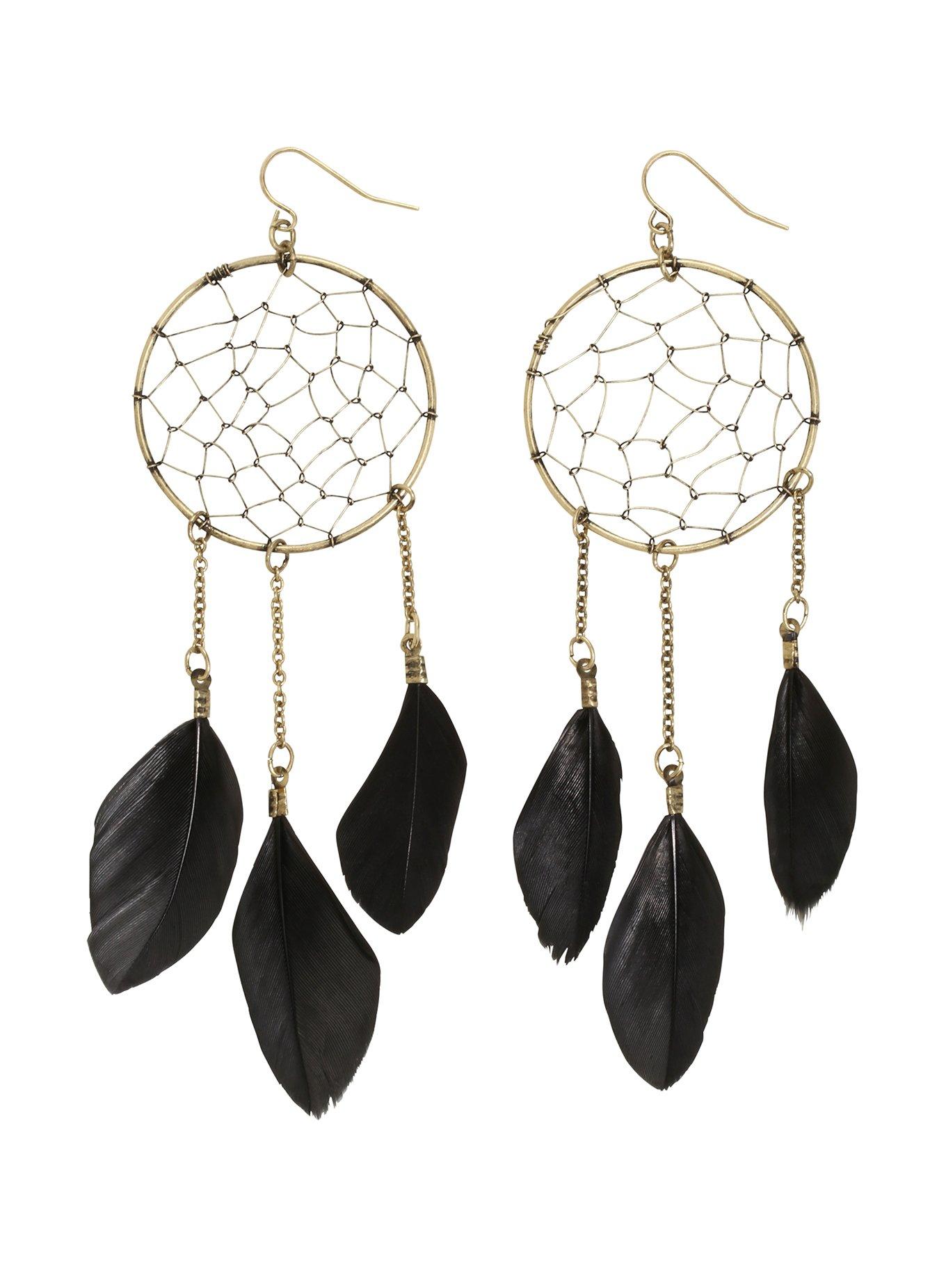 Blackheart Black Feather Gold Dreamcatcher Earrings, , hi-res