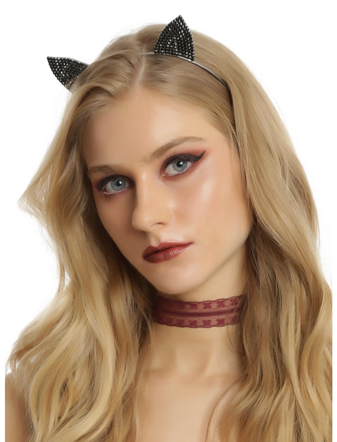 Black Rhinestone Cat Ear Headband, , hi-res