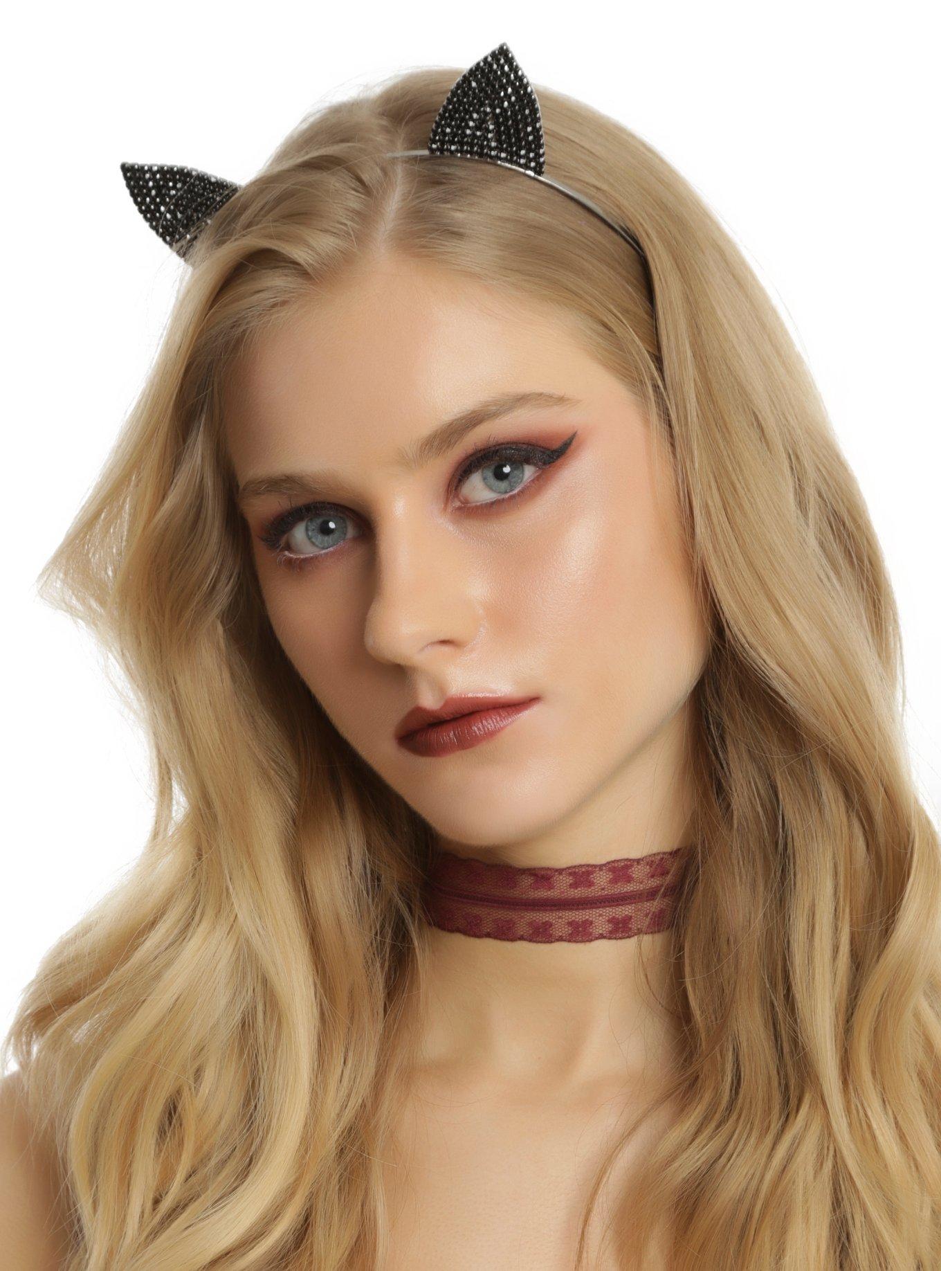 Black Rhinestone Cat Ear Headband, , hi-res