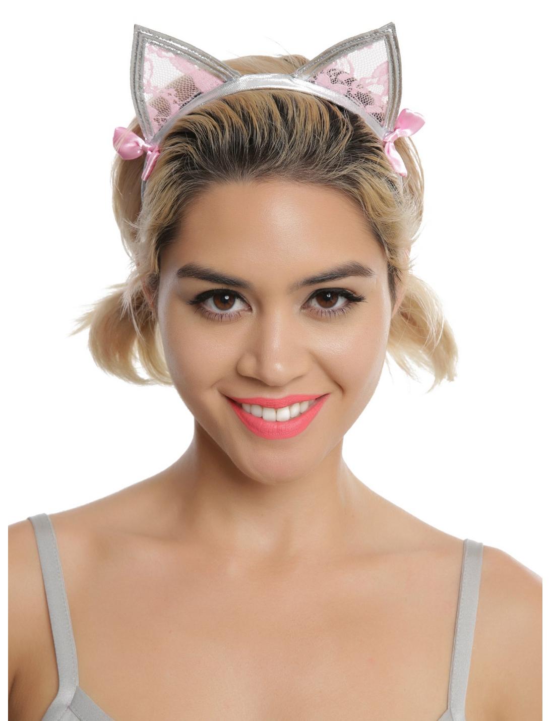 Silver & Pink Lace Cat Ear Headband, , hi-res