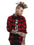 XXX RUDE Red & Black Destructed Buffalo Plaid Woven Button-Up, RED, hi-res