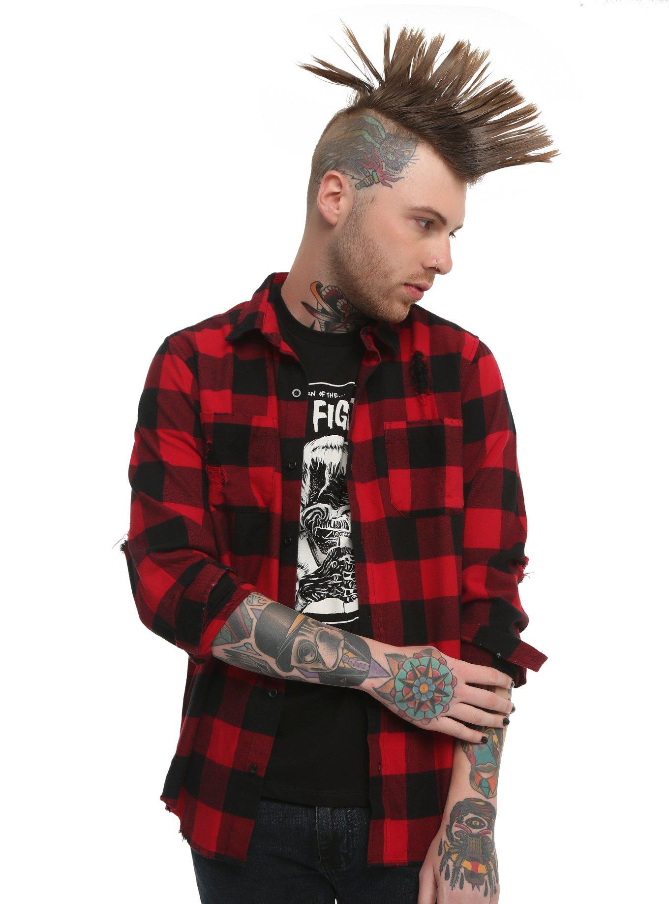XXX RUDE Red & Black Destructed Buffalo Plaid Woven Button-Up, RED, hi-res